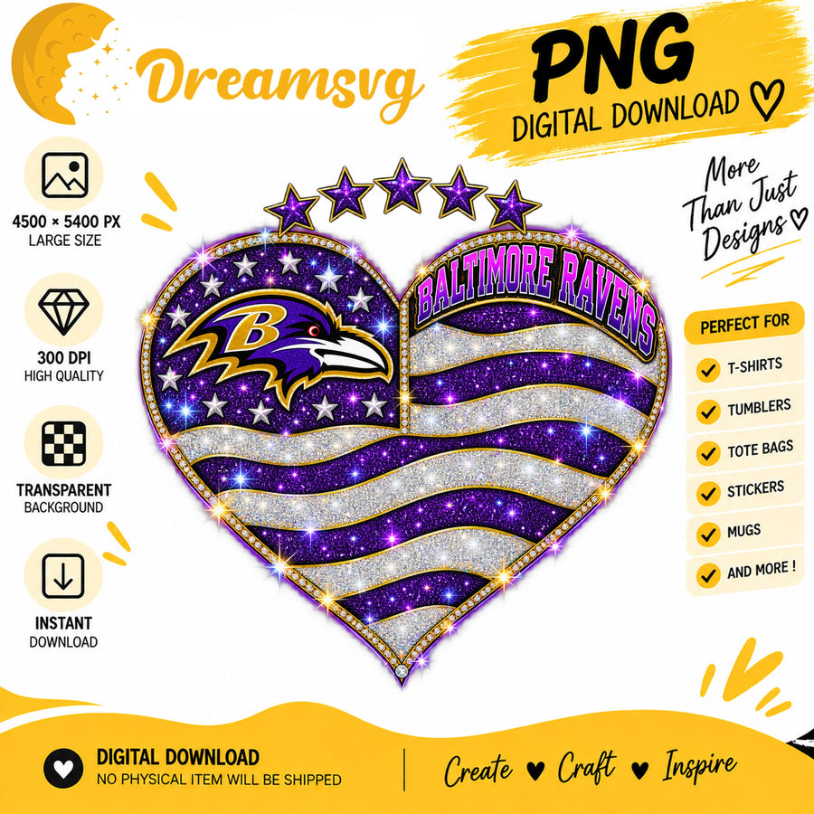 Baltimore Ravens Glitter Heart NFL Football Sublimation PNG