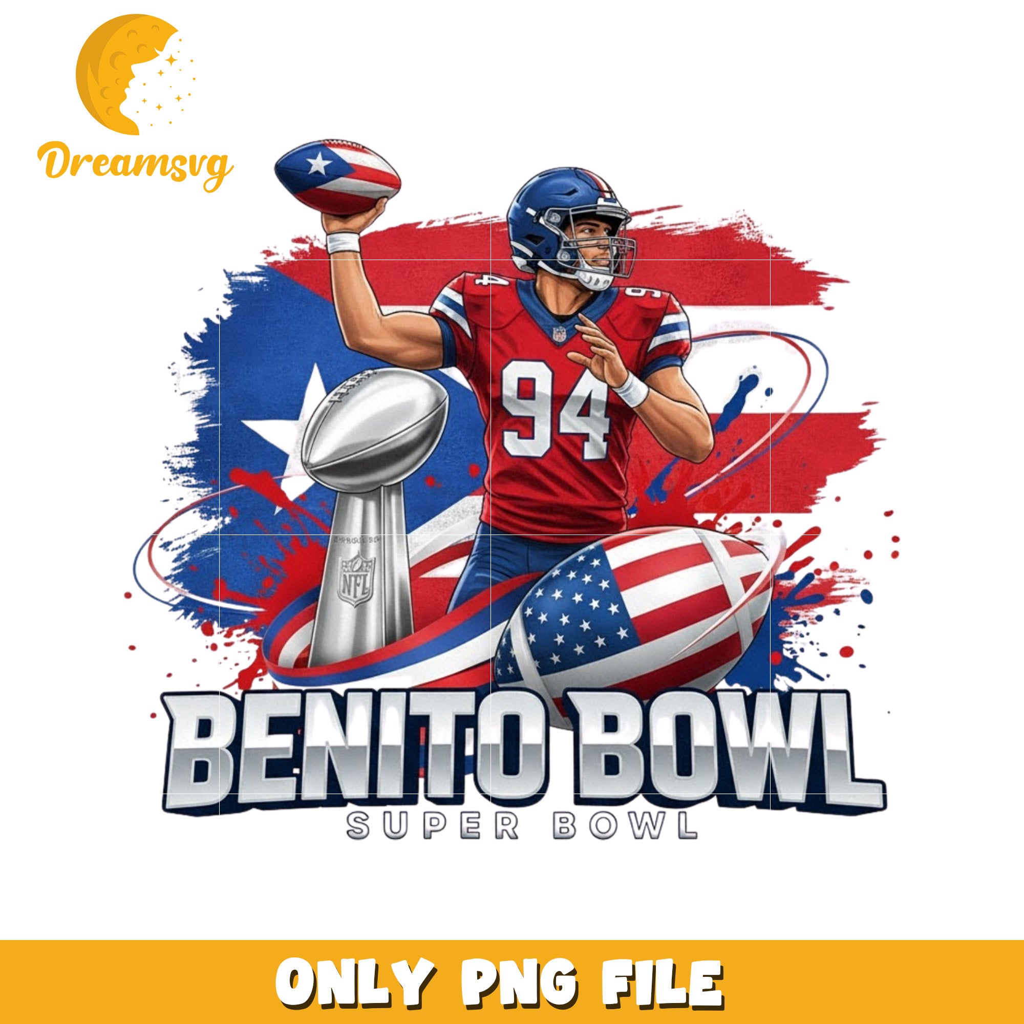 Benito bowl player png, american football art png, super bowl merch png