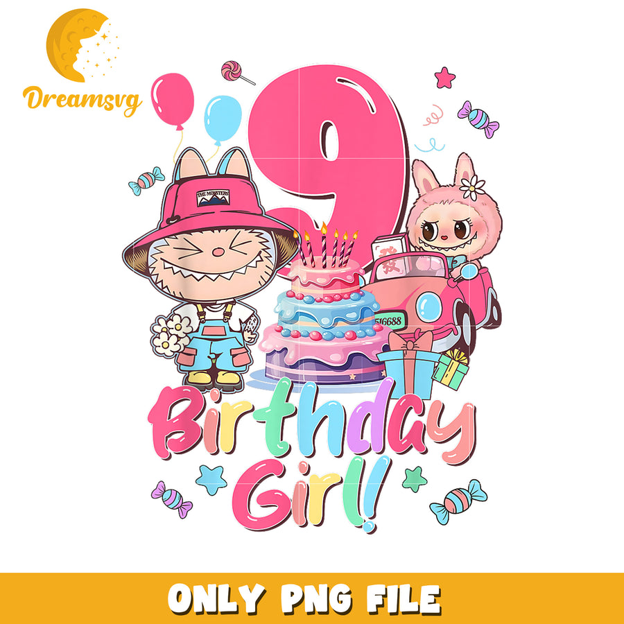 Birthday Girl PNG, Cute 9th Birthday Design