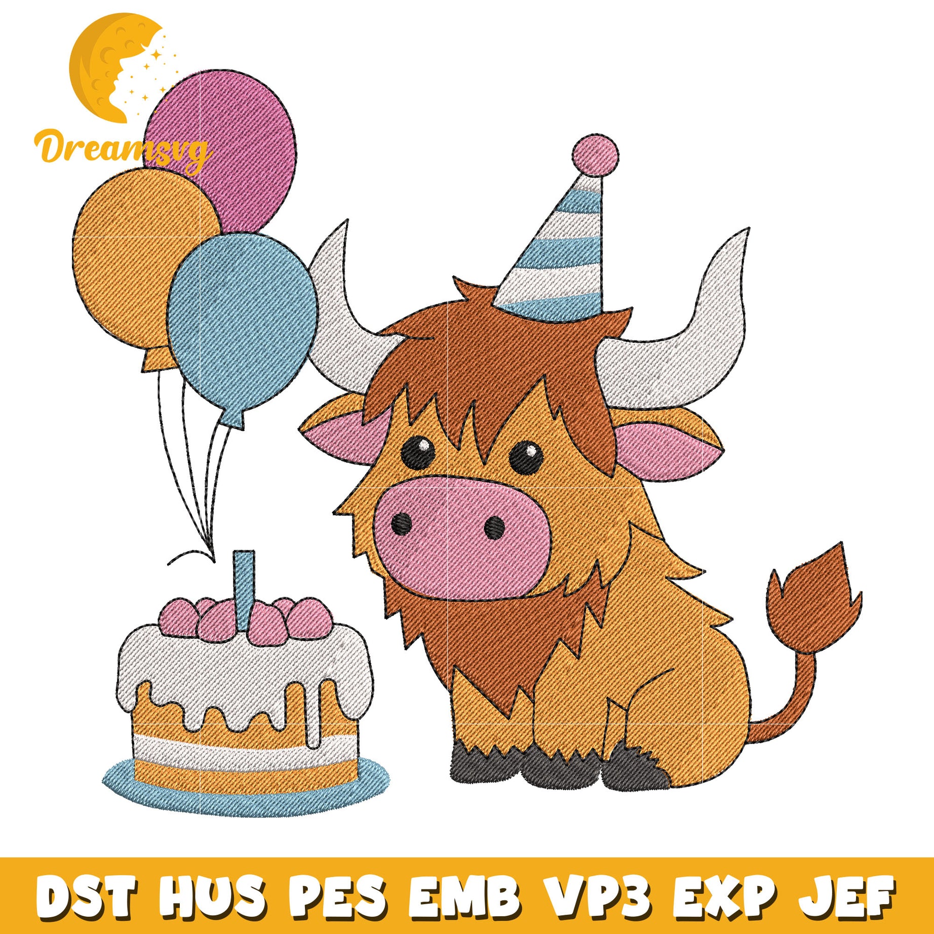 Highland cow birthday embroidery design