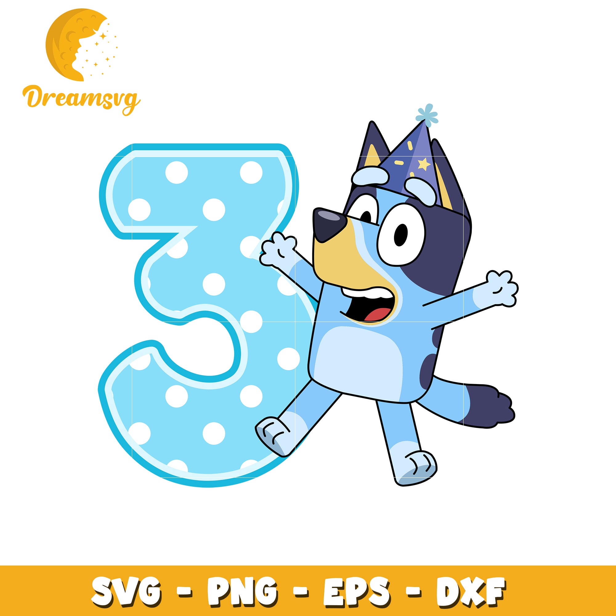 Blue Dog Cartoon Number Three SVG File for Birthday Crafting