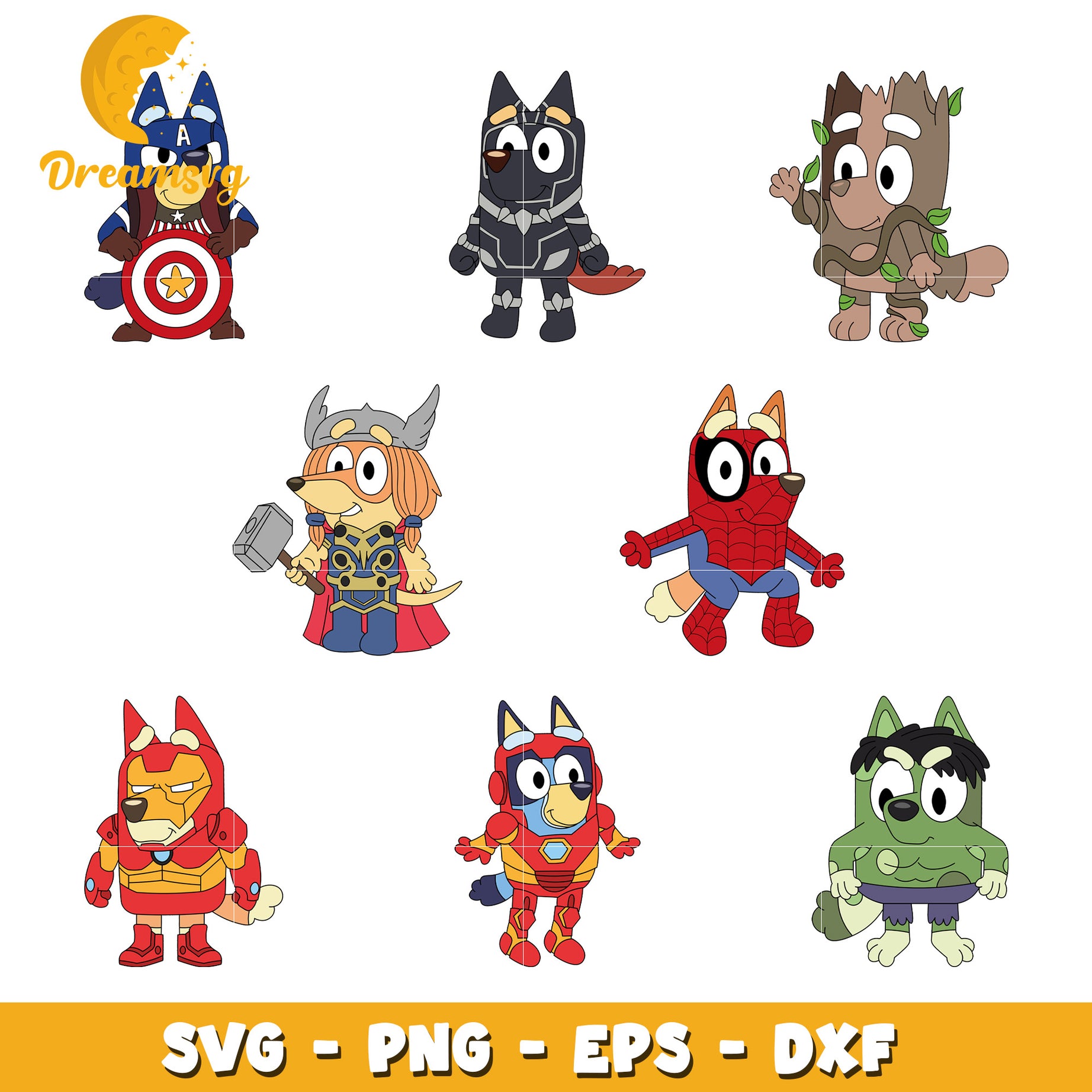 Bluey dog cosplay avengers design bundle svg, bluey cartoon svg