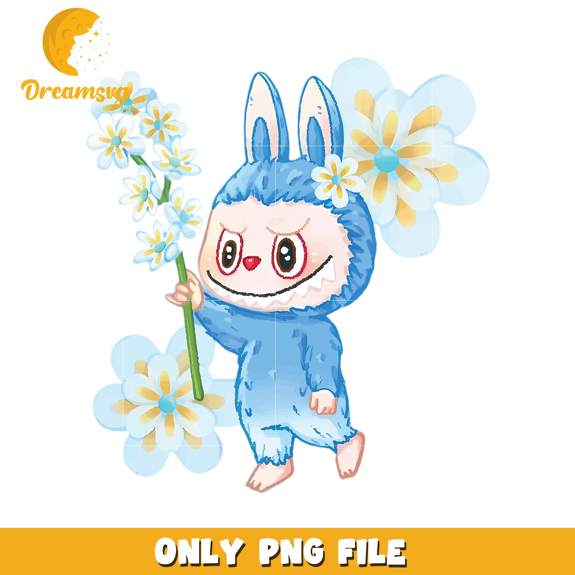 Blue labubu and flowers  png, popmart labubu​ png, cartoon characters png