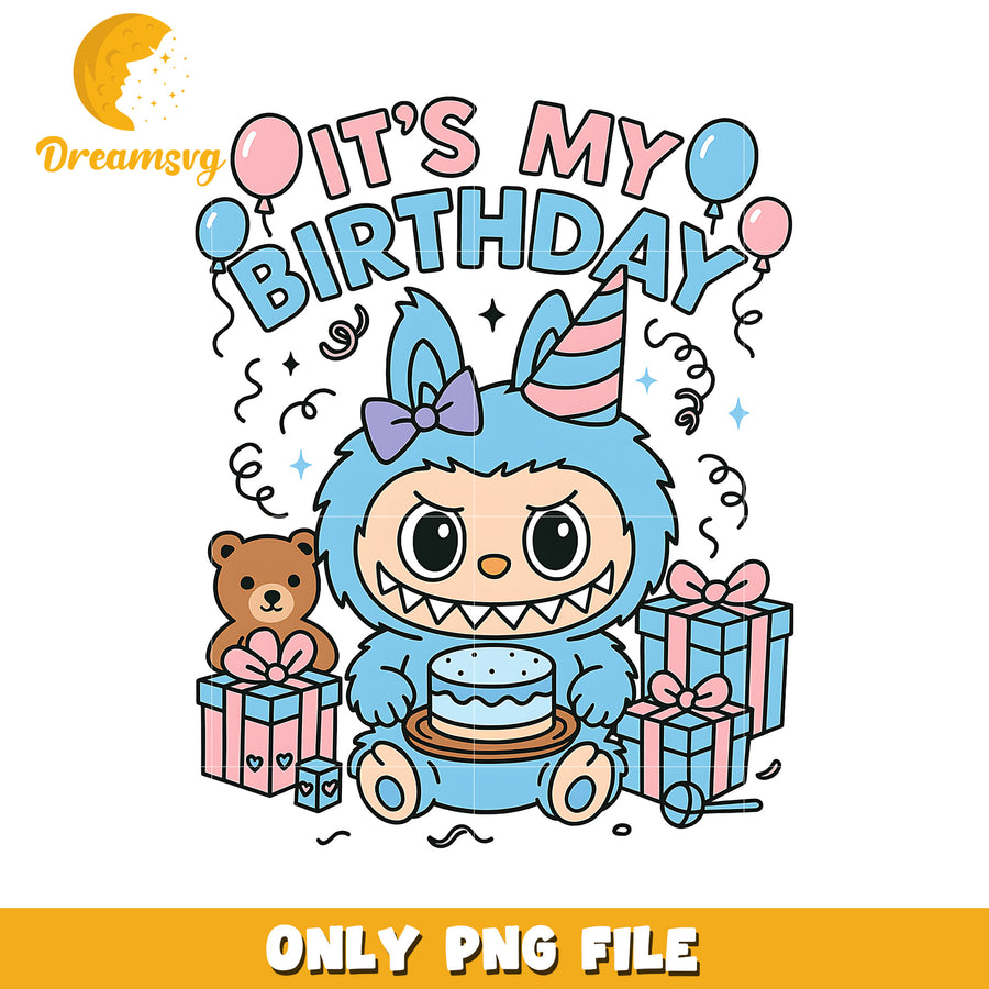 Blue labubu its my birthday png, cute labubu png, popmart labubu png