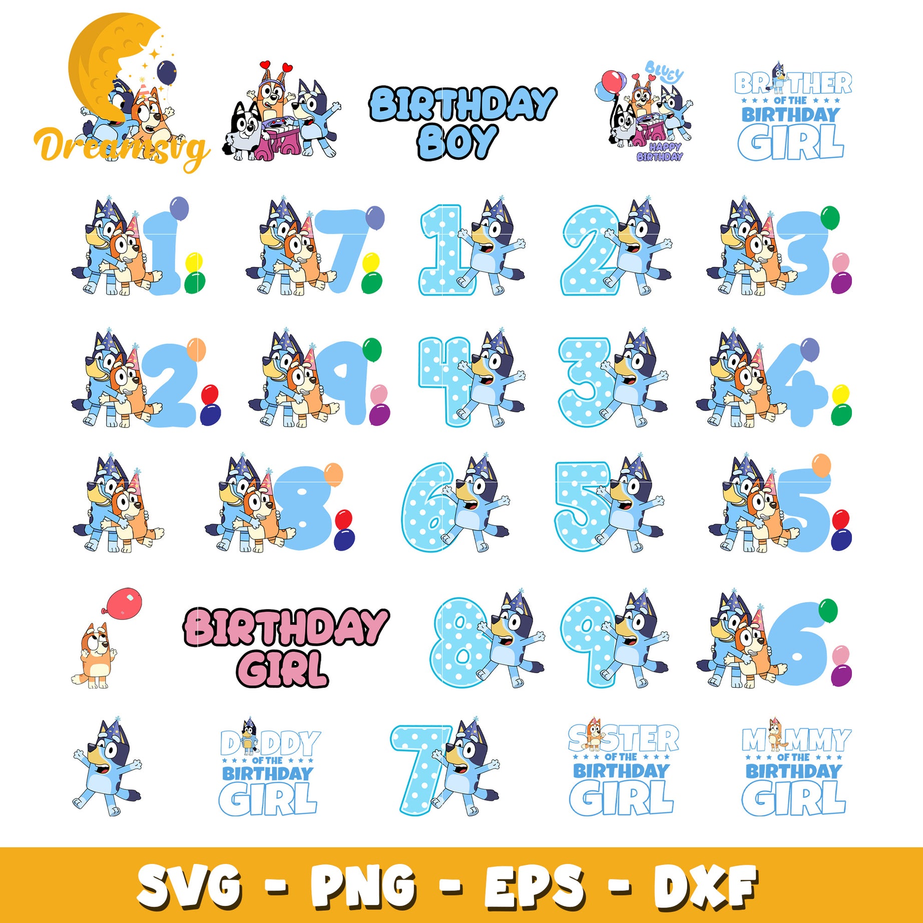 Bluey birthday numbers design bundle svg, happy birthday bluey​ svg