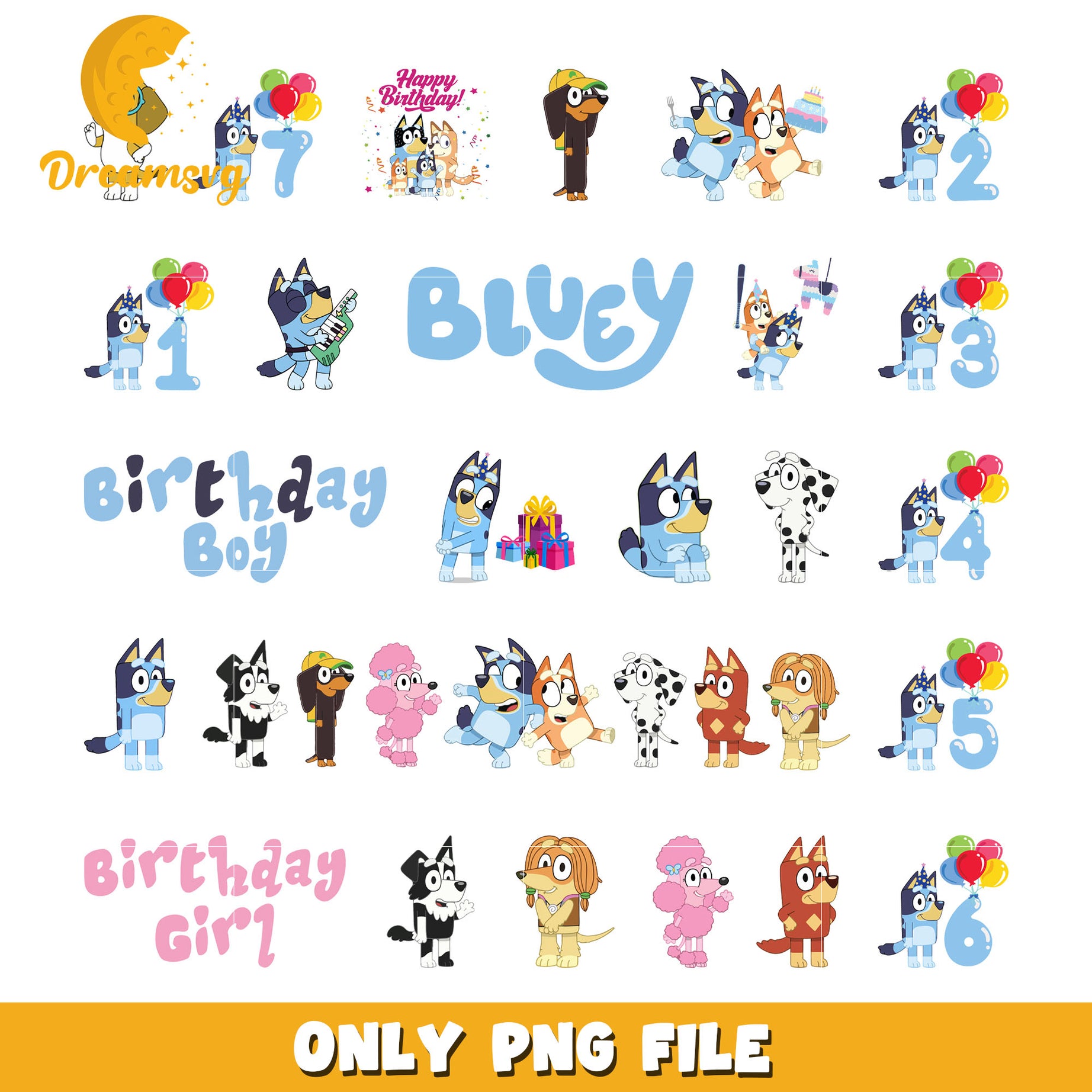 Bluey and friends birthday bundle png, Bluey characters png