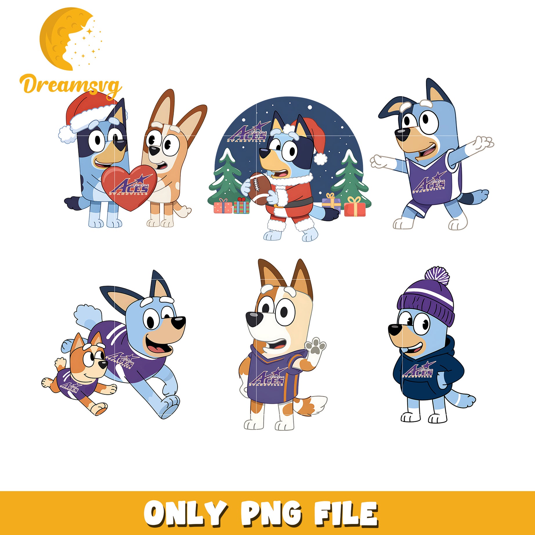 Bluey character bundle png, Evansville Purple Aces png, ncaa png