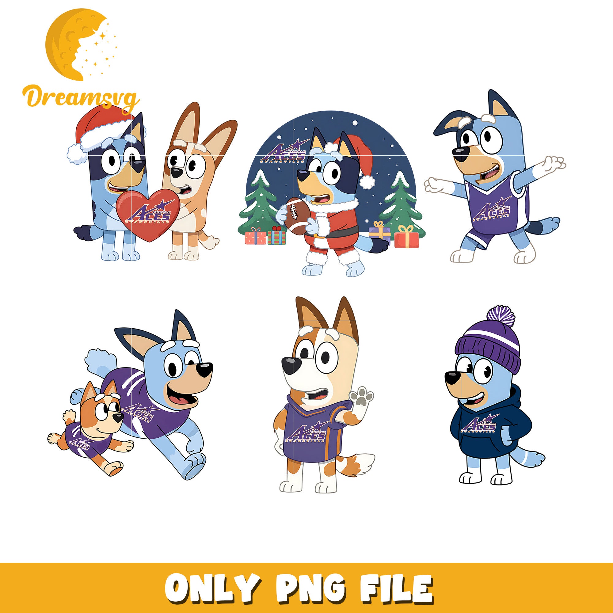 Bluey character bundle png, Evansville Purple Aces png, ncaa png