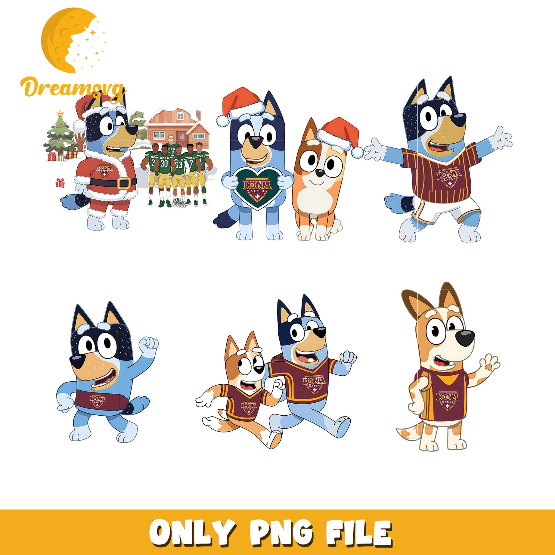 Bluey Bingo character and ncaa team bundle png, Iona Gaels png