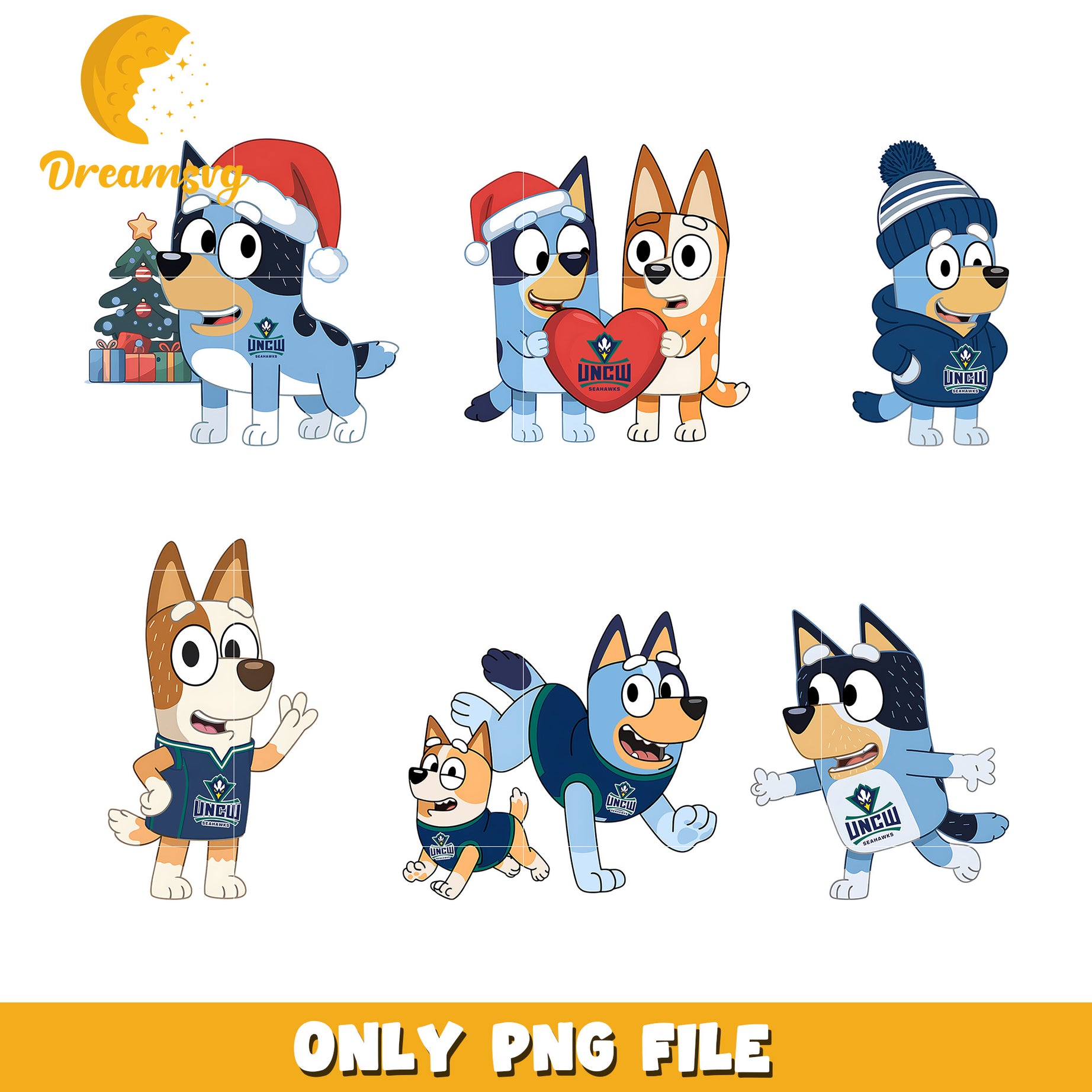 Bluey character ncaa bundle png, NC Wilmington Seahawks png