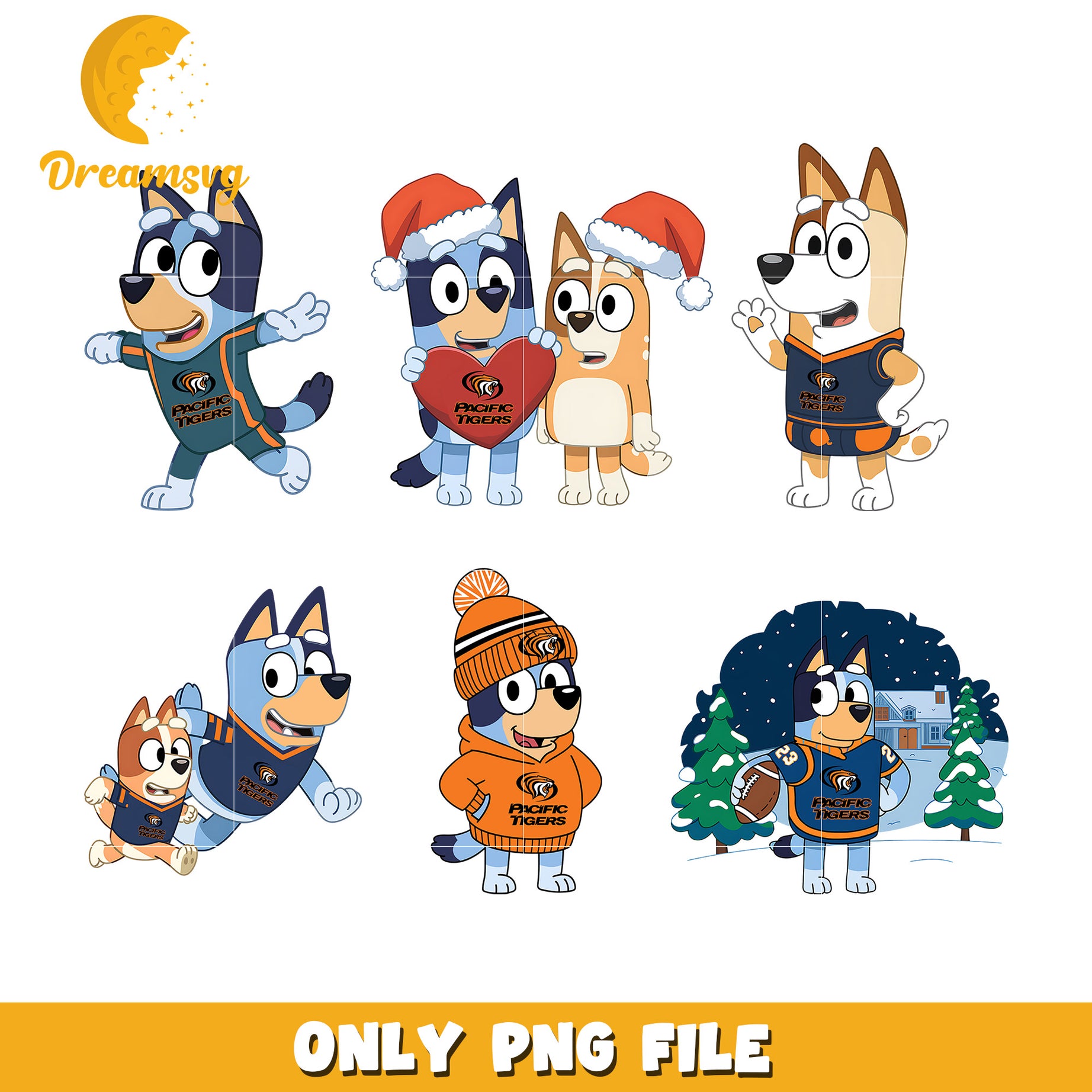 Bluey dog character bundle png, Pacific Tigers png, ncaa png