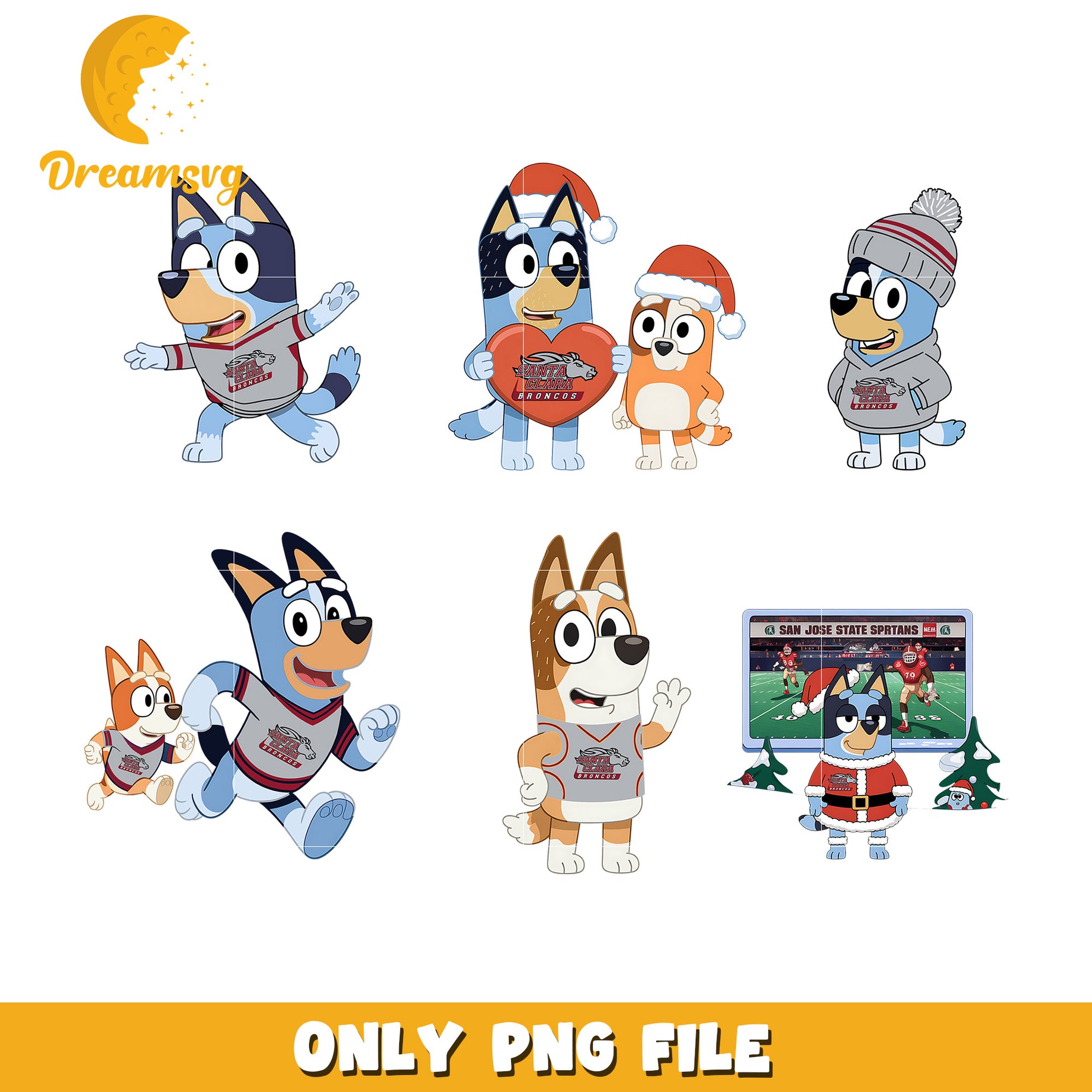Bluey Bingo love sports bundle png, Santa Clara Broncos png, ncaa png
