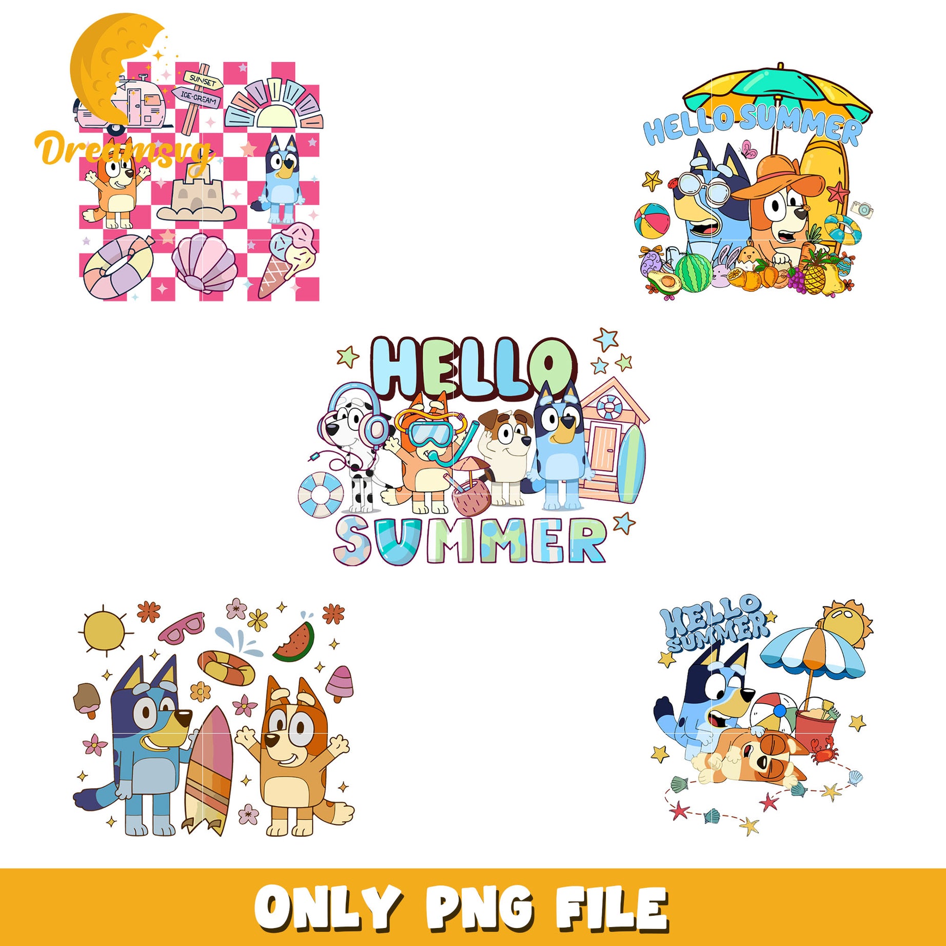 Bluey hello summer bundle png, Bluey and friends png, cartoon png