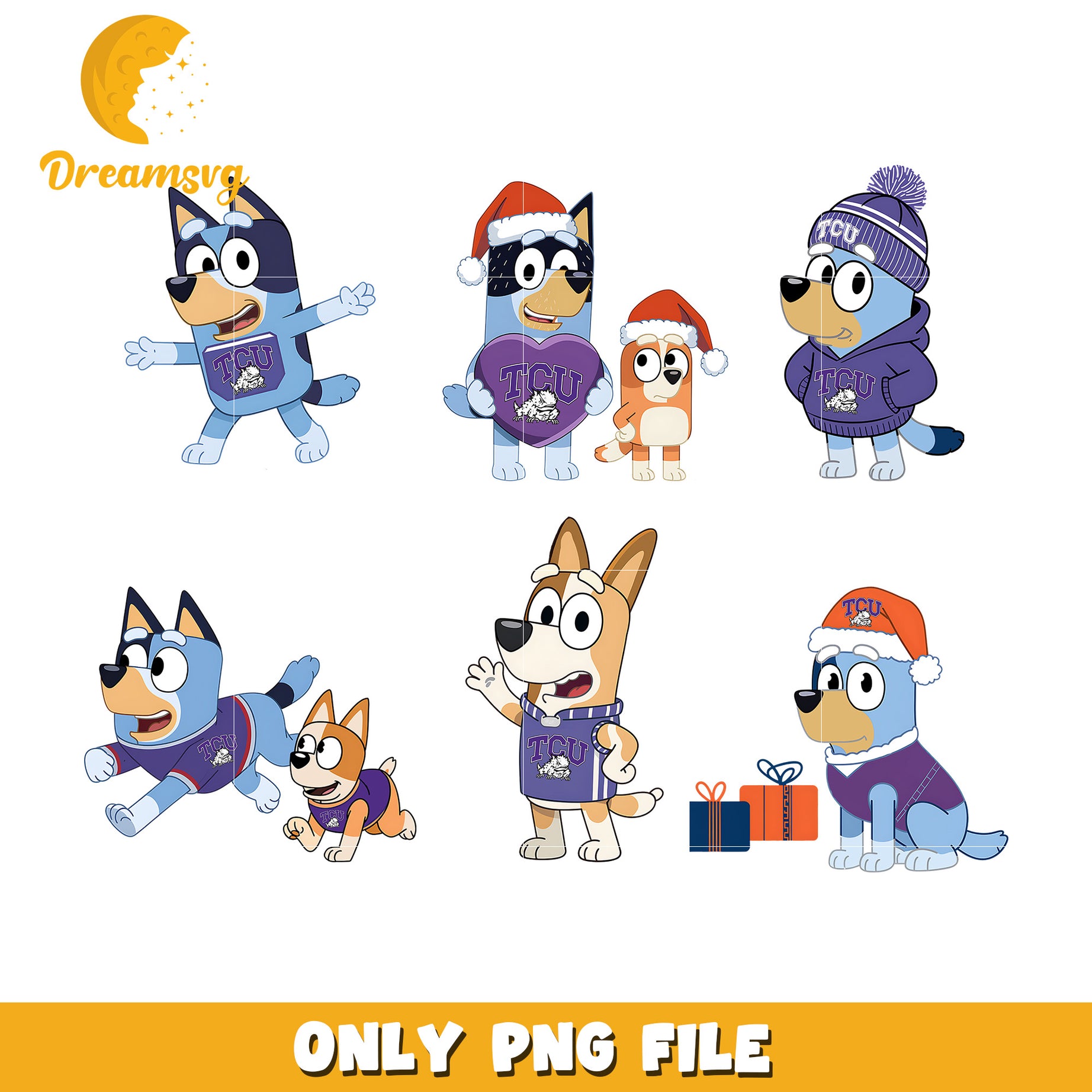 Bluey and TCU Horned Frogs bundle png, Bluey on christmas png