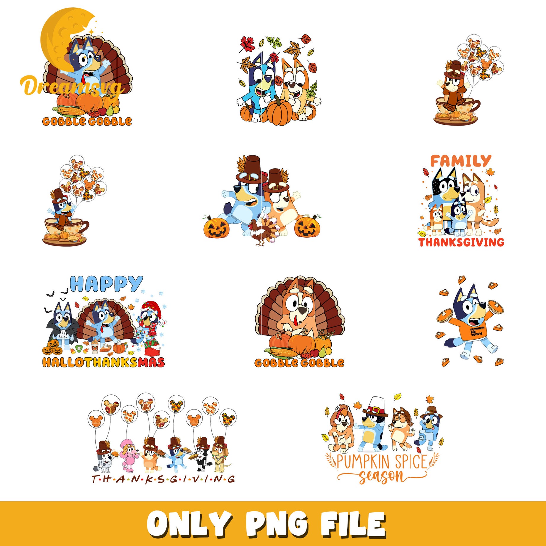 Bluey dog thanksgiving design bundle png, happy hallothanksmas png