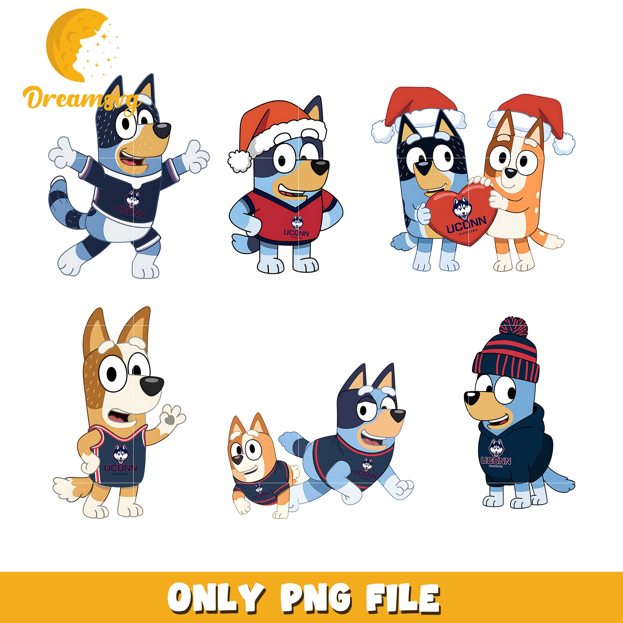Bingo Bluey ncaa team fan bundle png, UConn Huskies png