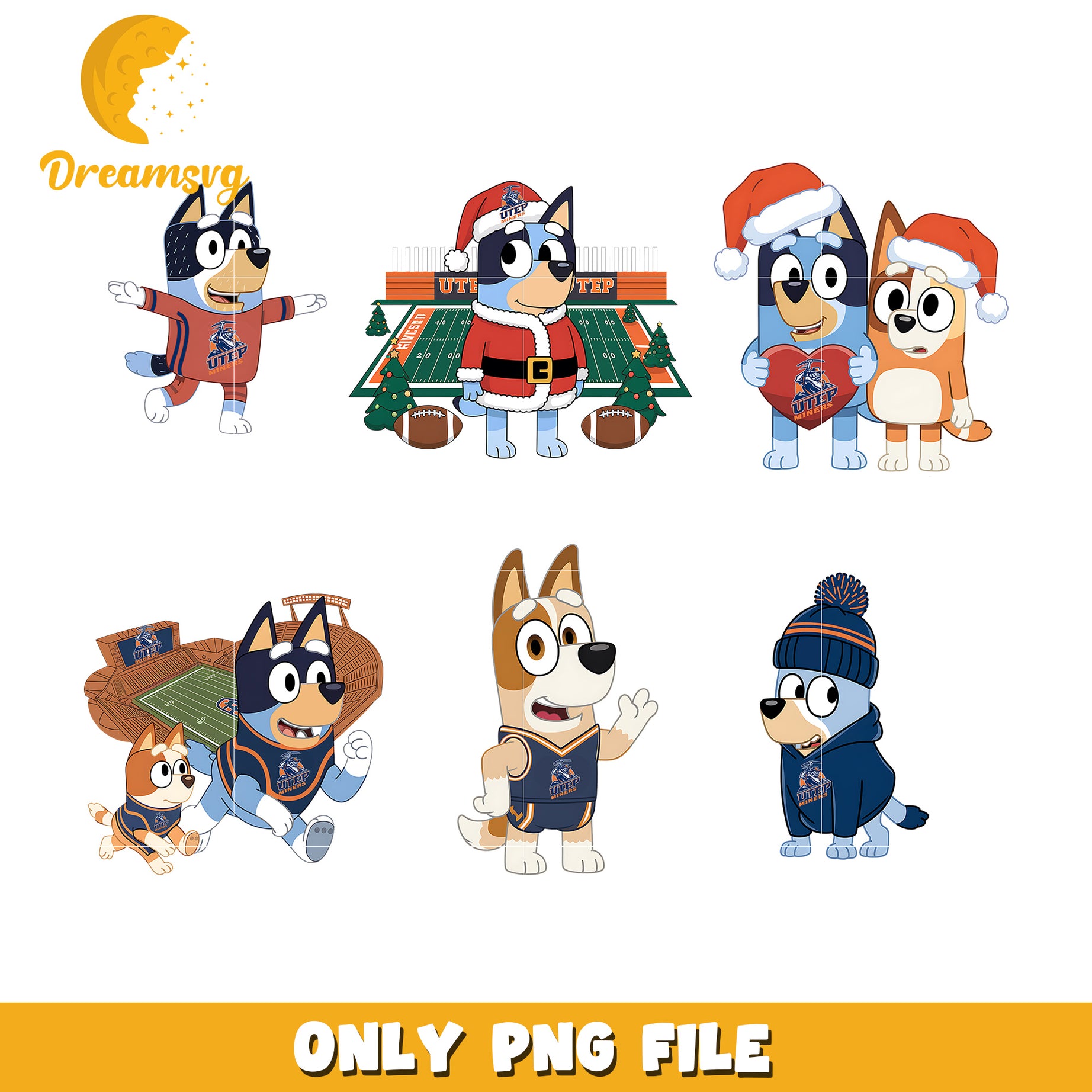 Bingo and Bluey on christmas day bundle png, UTEP Miners png