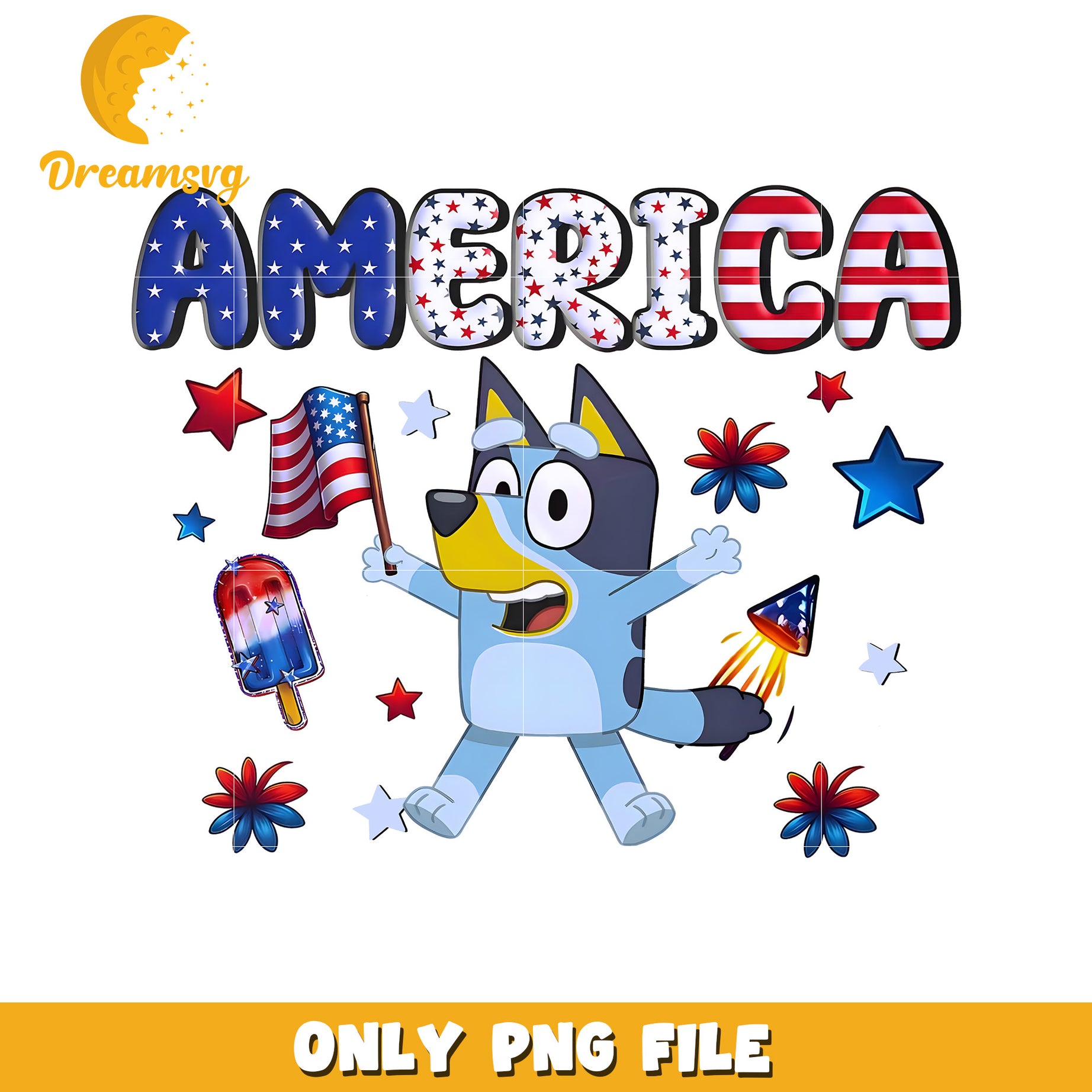 Bluey america flag png, independence day png, red white blue png