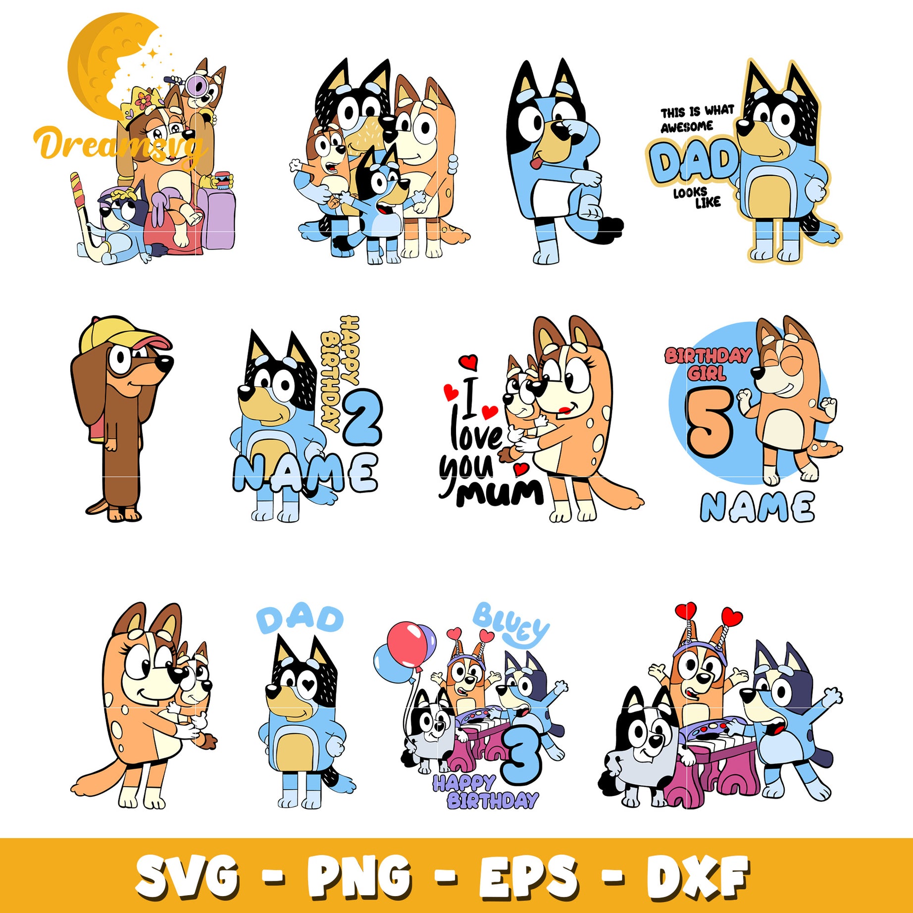 Bluey happy birthday design bundle svg, bluey family svg