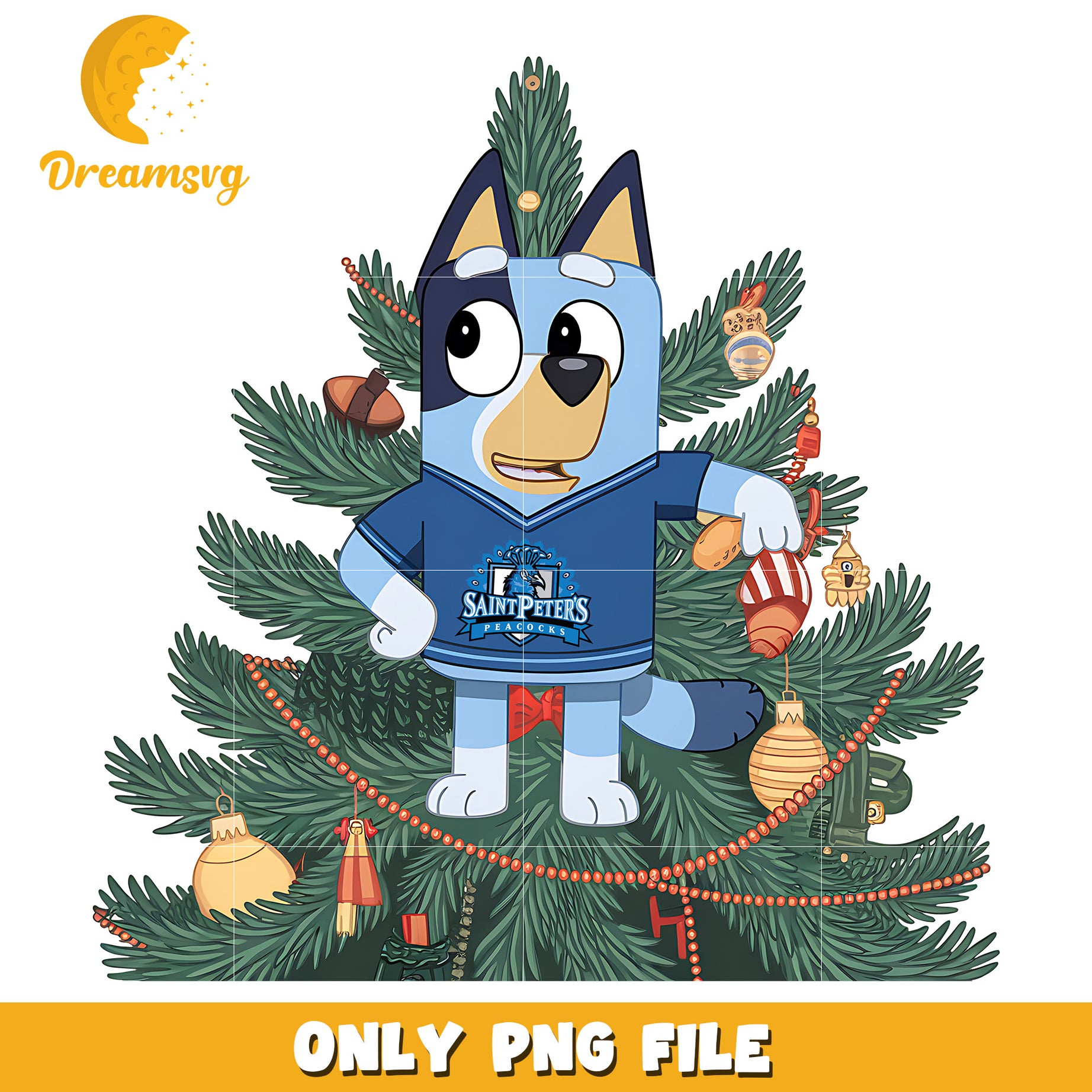 Bluey decor christmas tree png, Saint Peter's Peacocks png, ncaa png