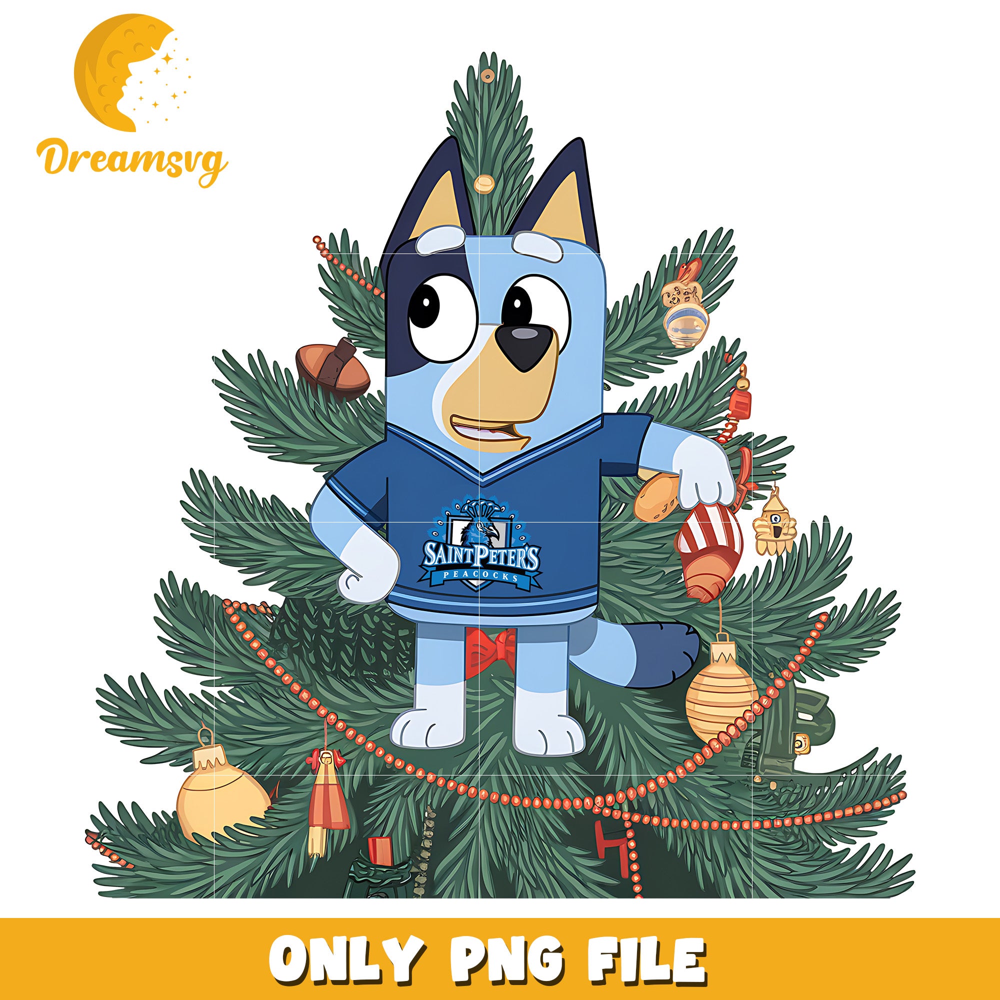 Bluey decor christmas tree png, Saint Peter's Peacocks png, ncaa png