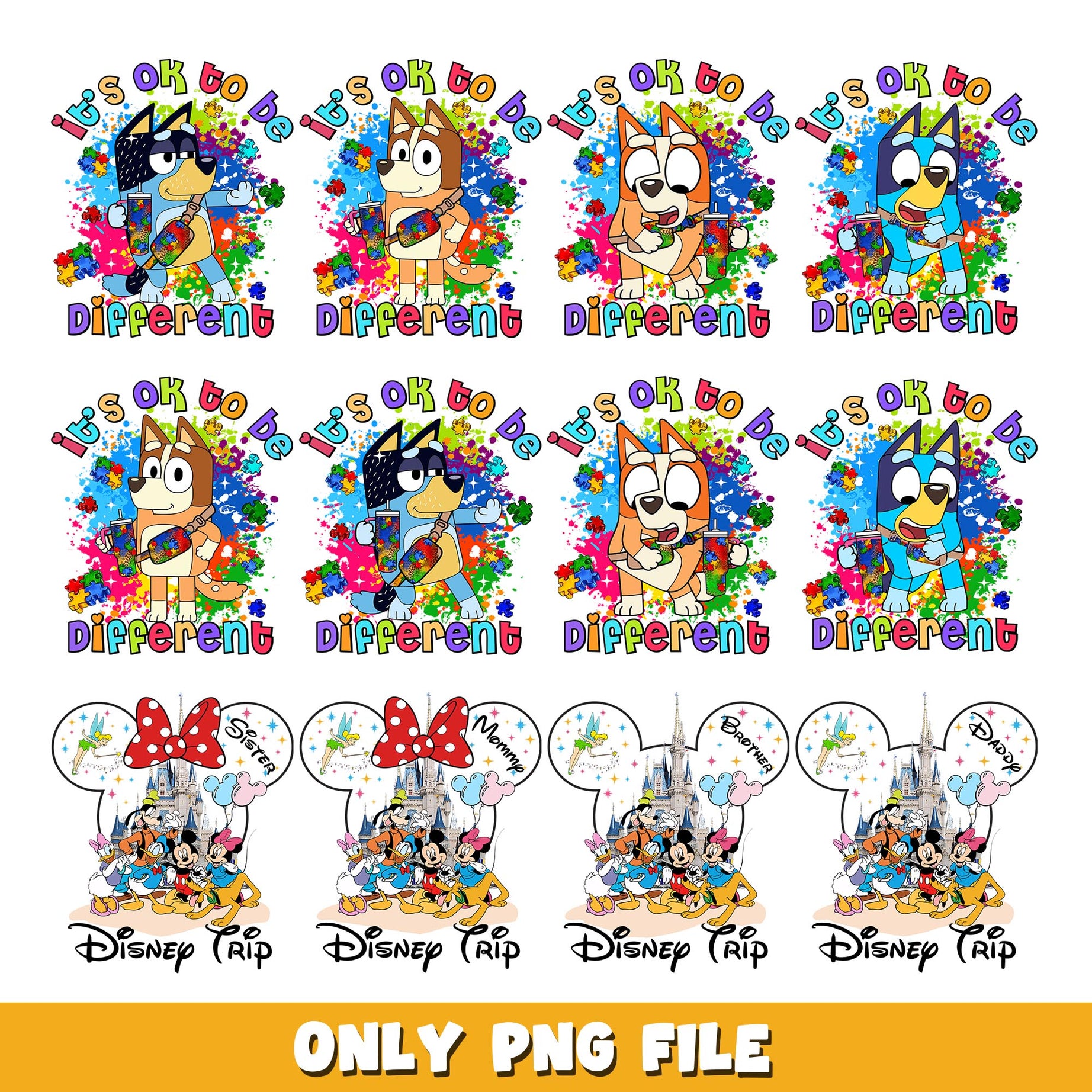 Bluey Its Okay To Be Different and Disney trip bundle png, cartoon png 