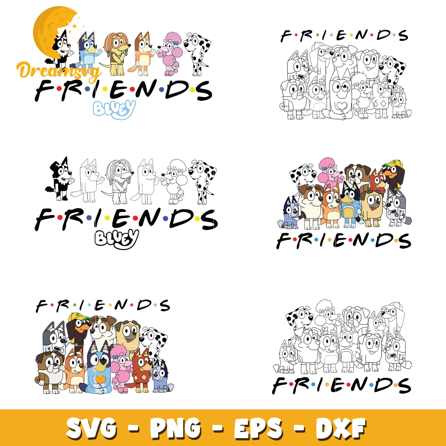 Cartoon bluey friends design bundle svg, bluey outline svg​