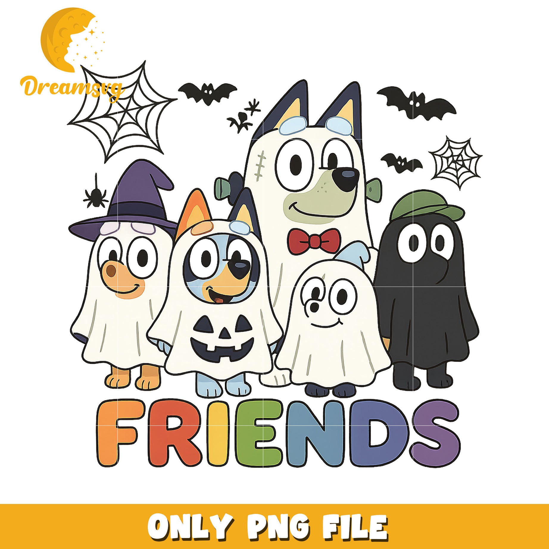 Bluey friends halloween design png, spirit halloween png, trick or treat png