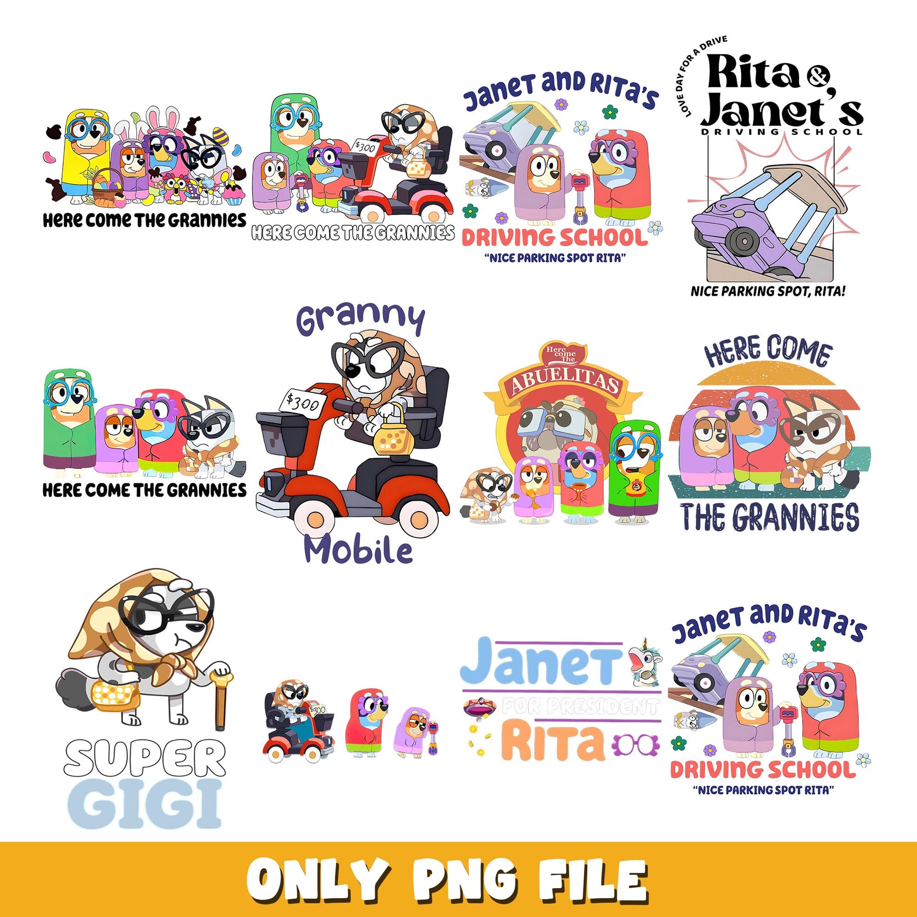 Here come the grannies cartoon png, Bluey bundle png, cartoon png 