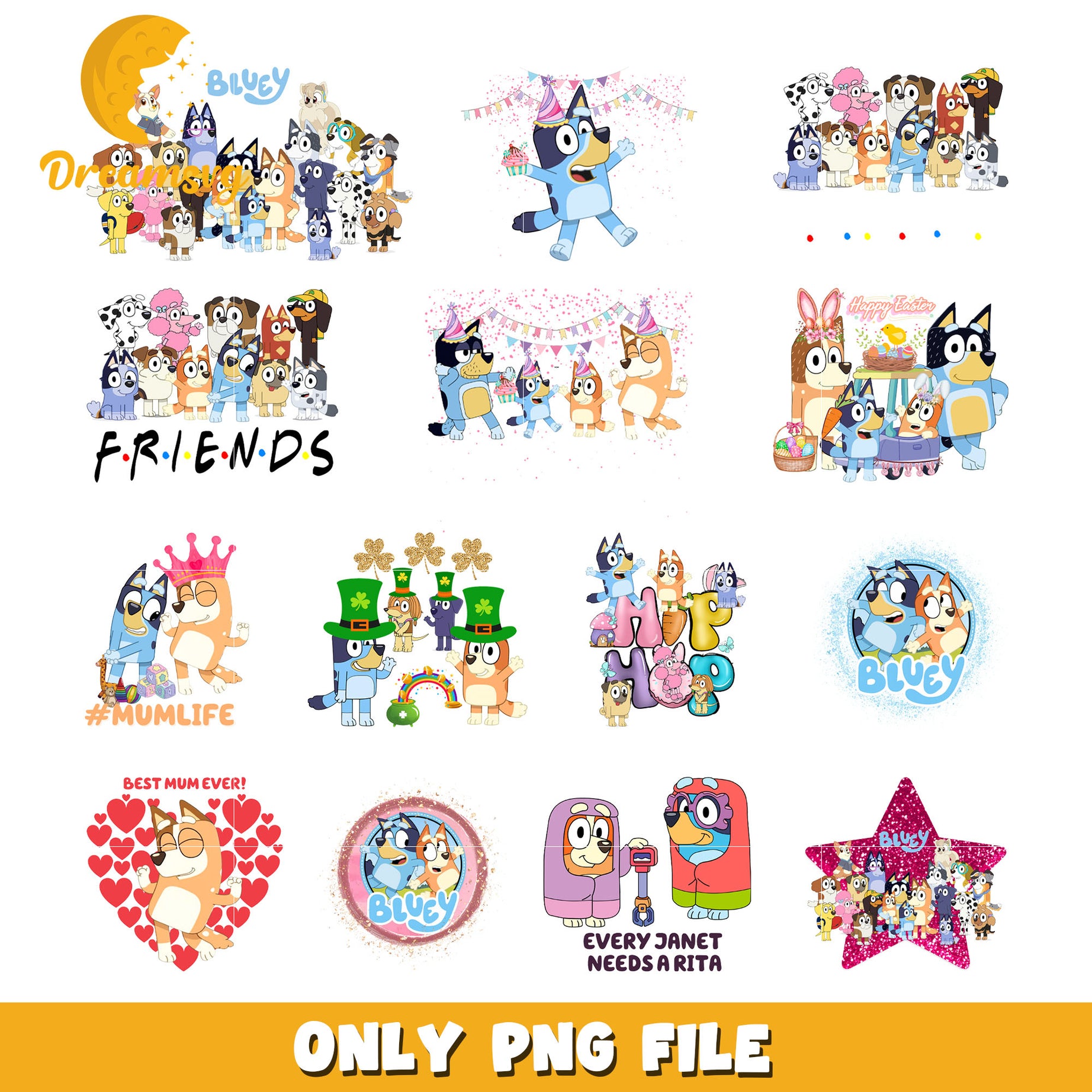 Bluey characters party bundle png, Bluey and friends png