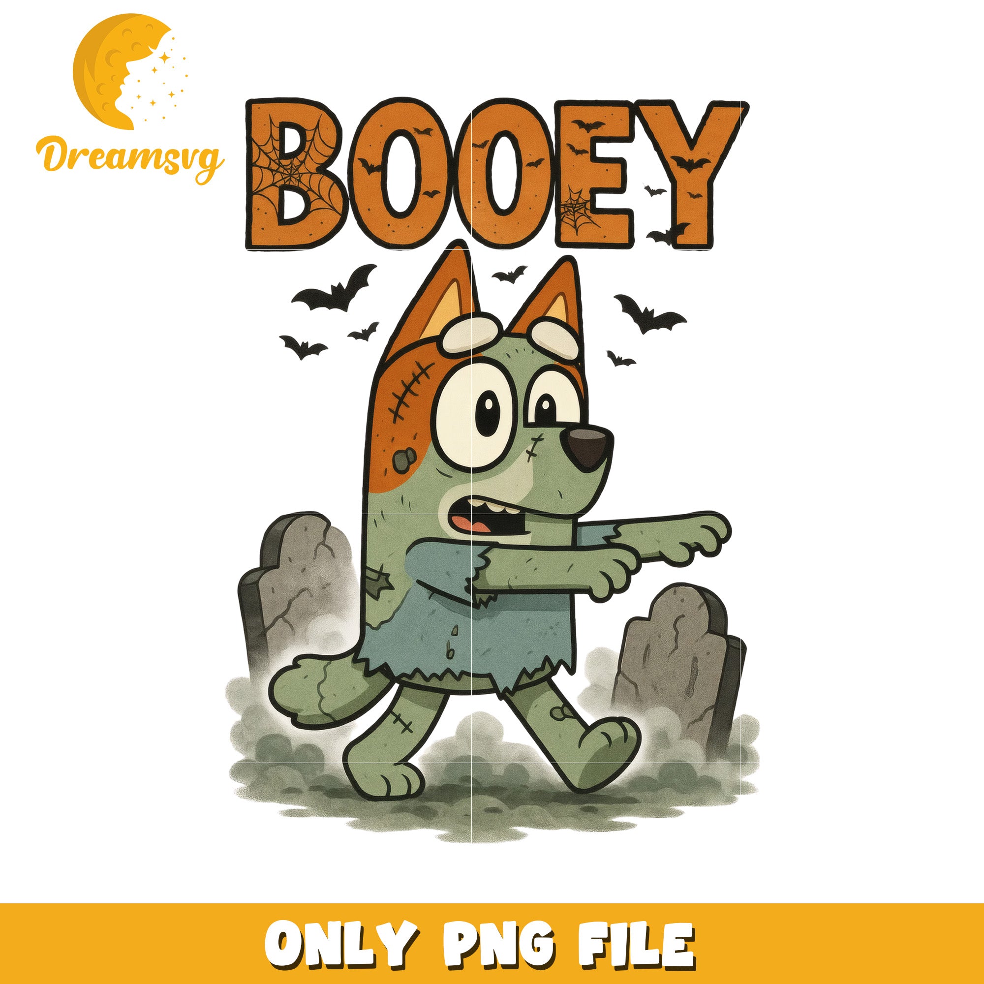 Booey zombie funny design png, spooky bluey png, halloween costumes png