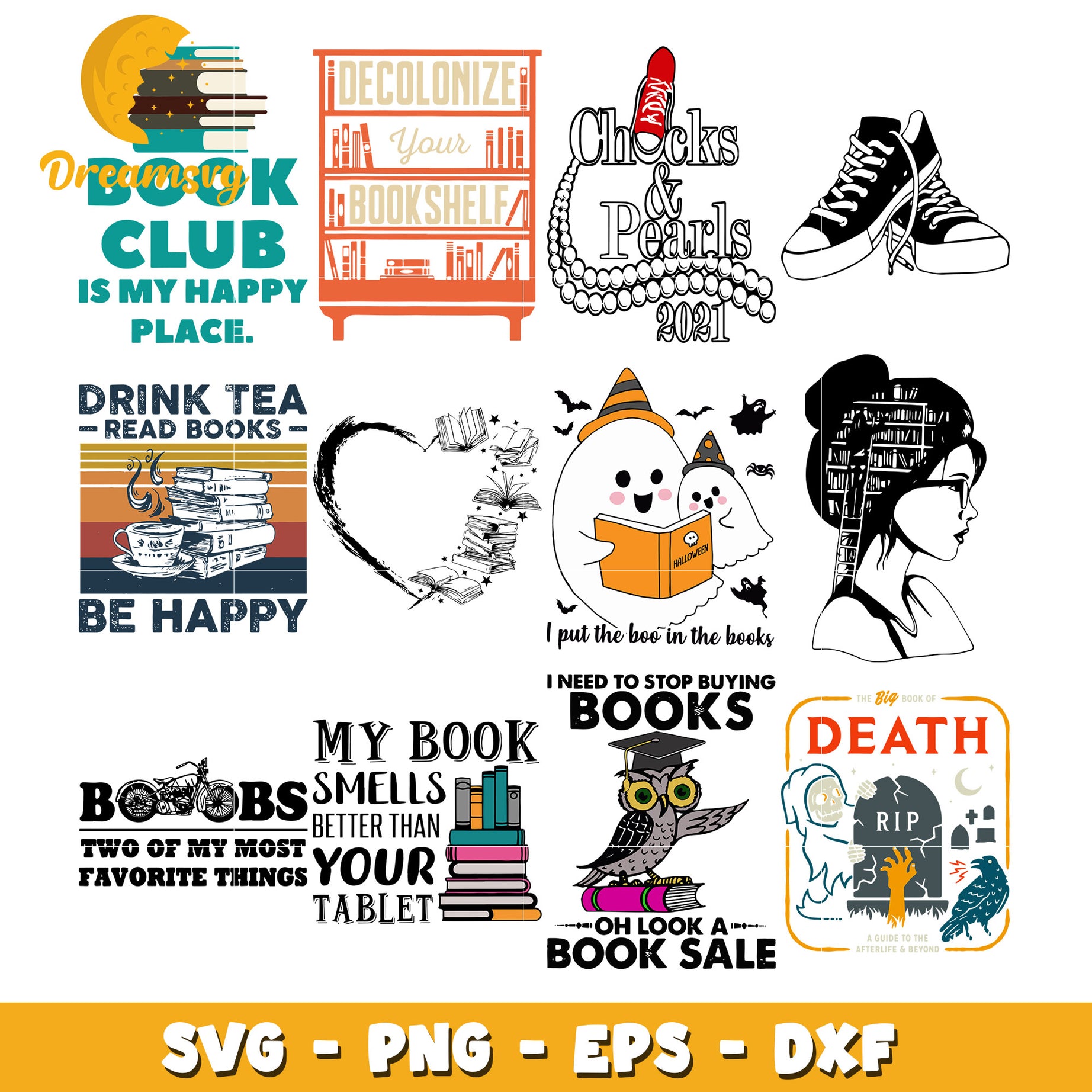 Drink tea read book be happy bundle svg, book club is my happy place svg