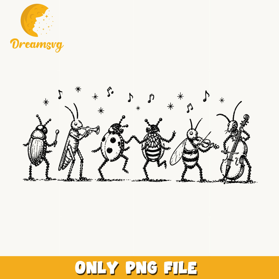 Bugs Playing Music Band PNG, Insect Orchestra Design, Funny PNG