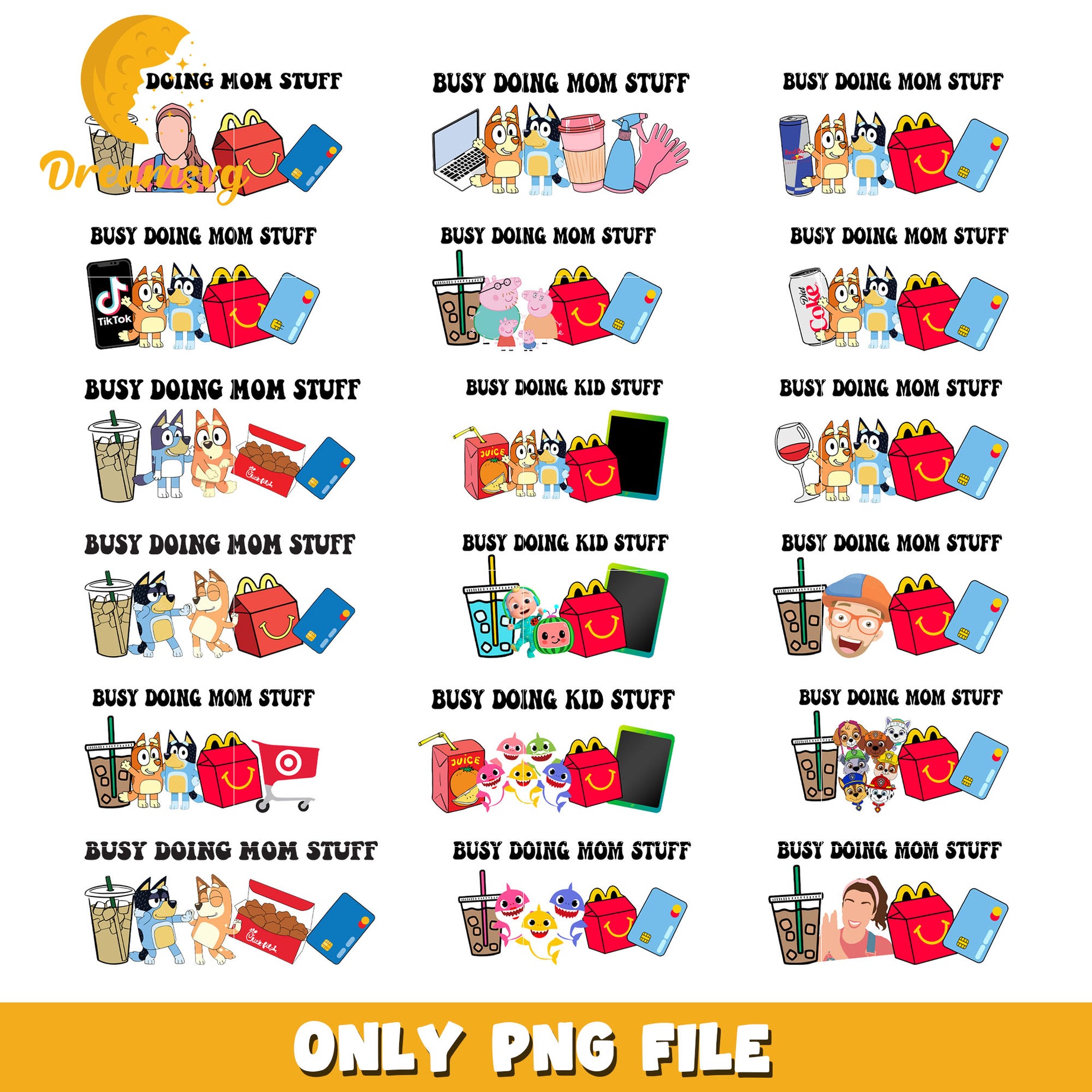 Busy Doing Mom Stuff bundle png, Bluey and Bingo png, cartoon png