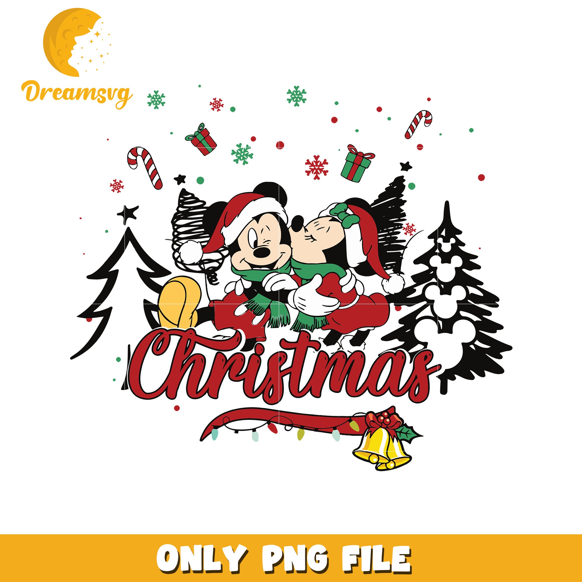CHristmas mickey and minnie png, christmas bell png, disney world png