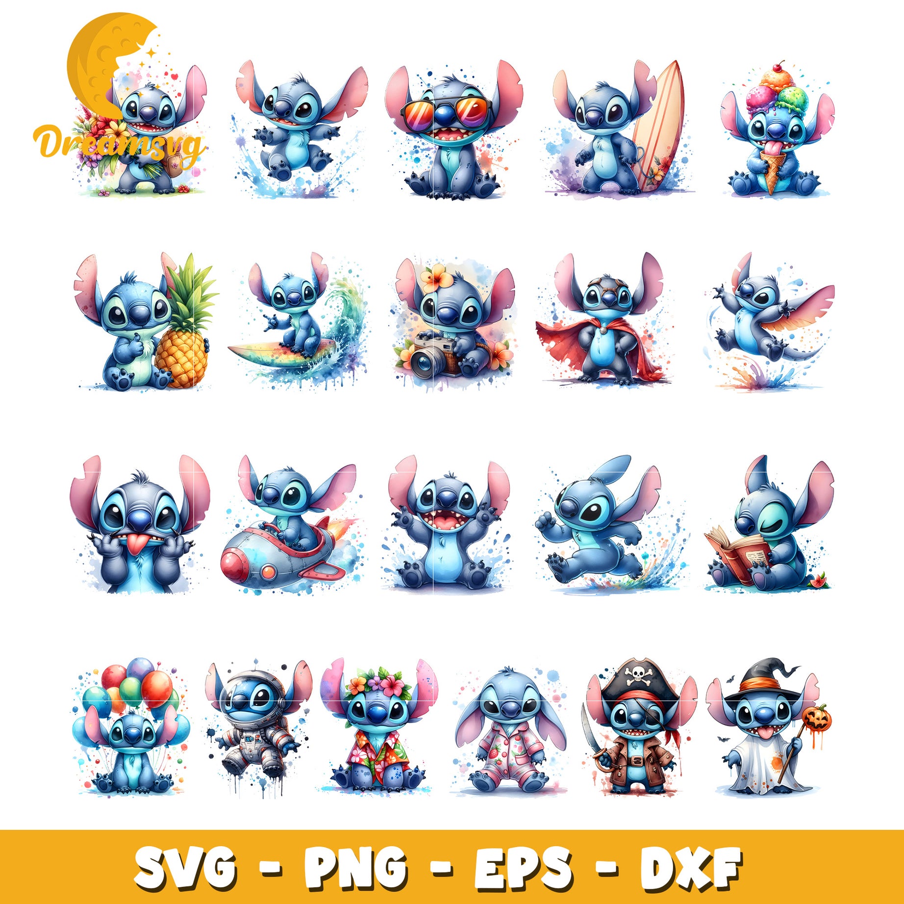 Stitch watercolor design bundle svg, cartoon stitch​ svg