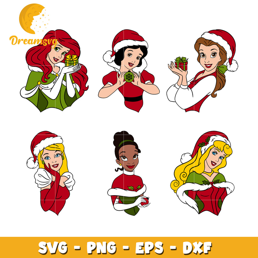 Disney princess santa christmas bundle svg, disney princess christmas​ svg
