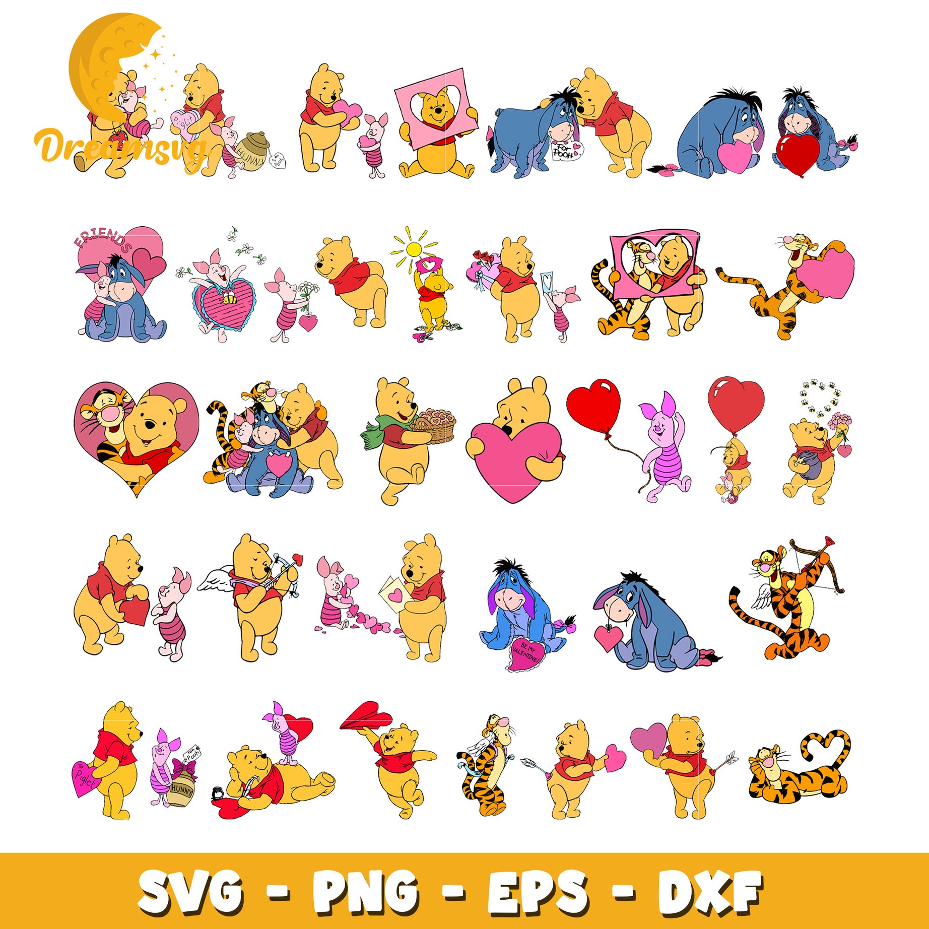 Winnie the pooh characters heart bundle svg, Winnie the pooh valentine svg