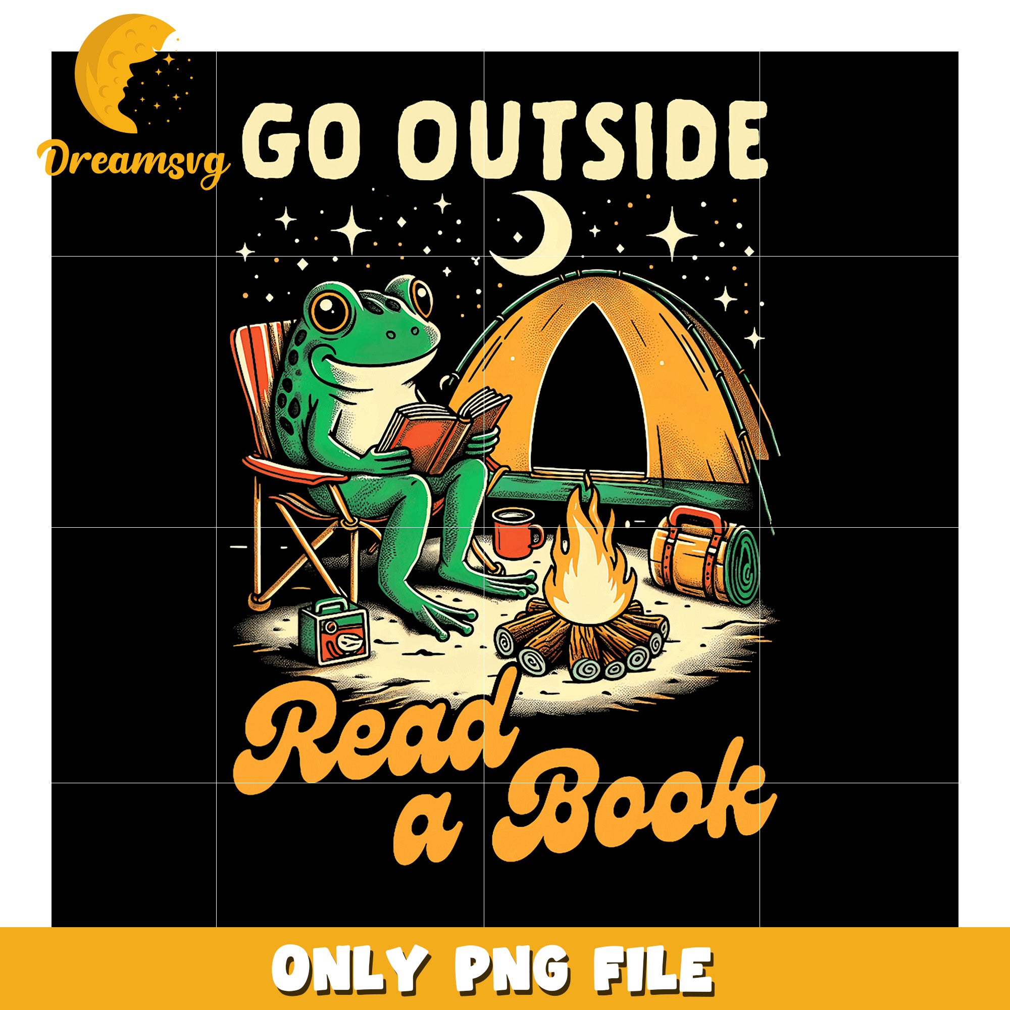 Camping Frog Reading Book PNG Graphic
