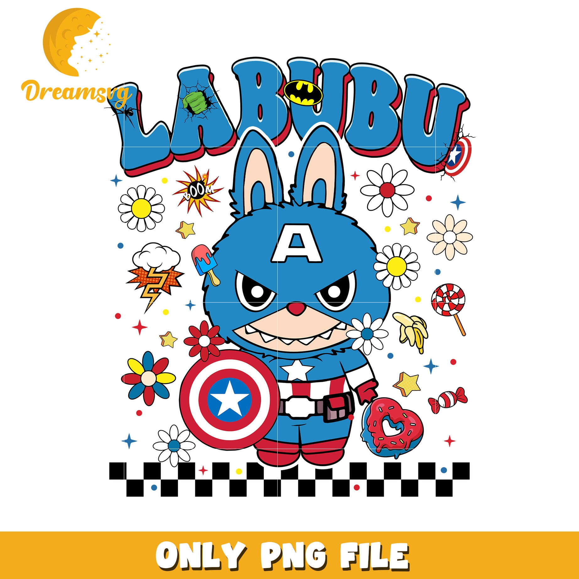 Captain america labubu png, popmart labubu png, cute labubu png