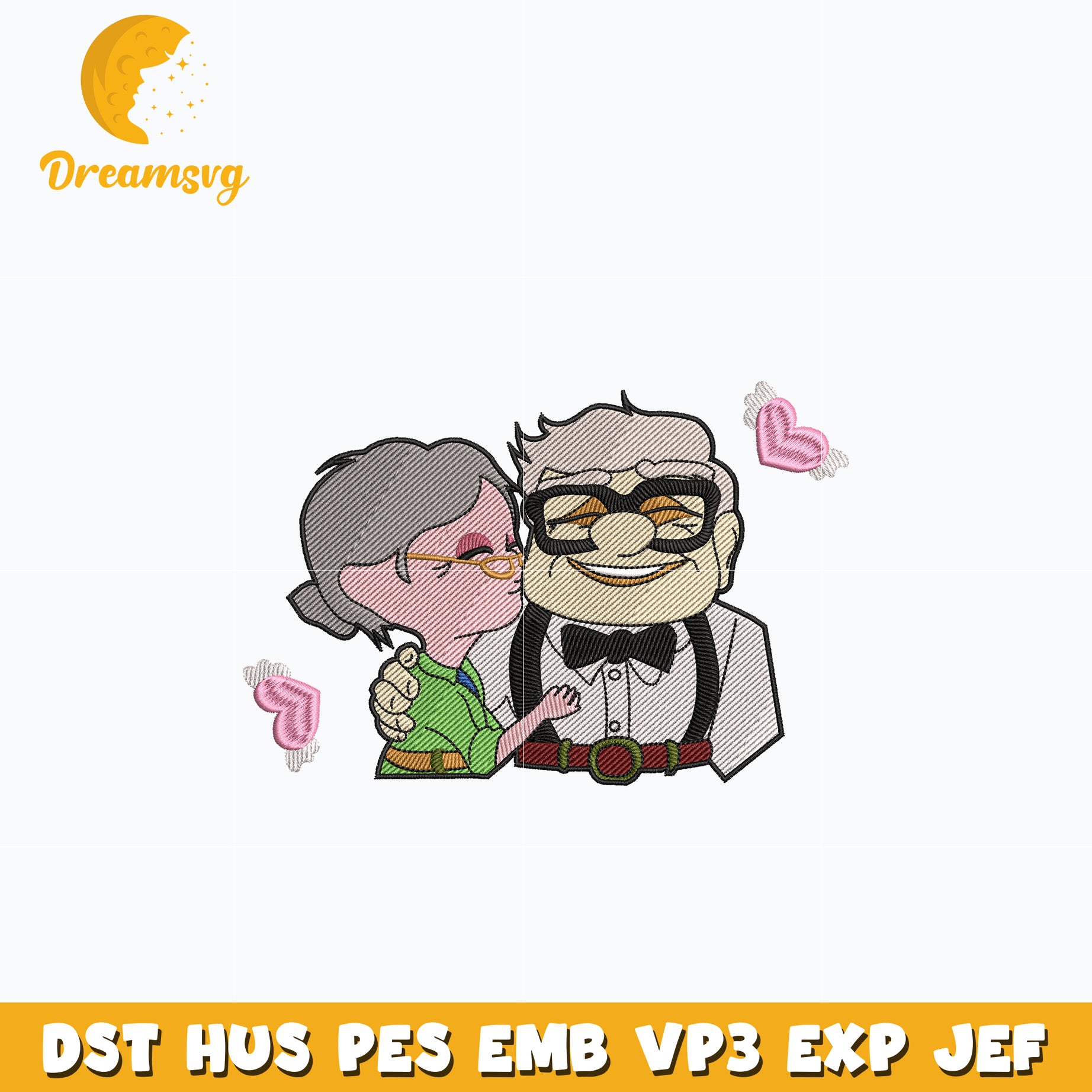 Carl Fredricksen and wife embroidery design