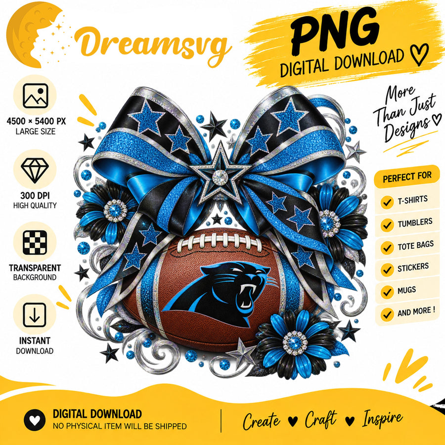 Carolina Panthers Coquette Bow Glitter Floral Football PNG