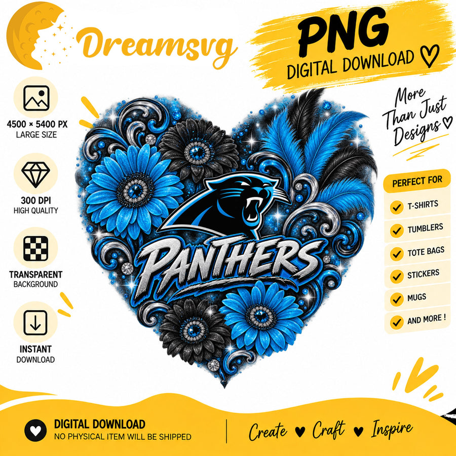 Carolina Panthers Floral Heart NFL Football Sublimation PNG
