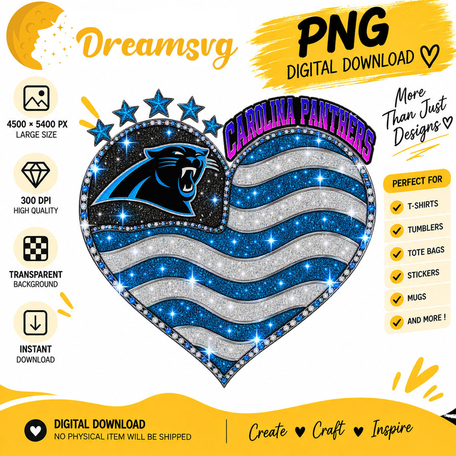 Carolina Panthers Glitter Heart NFL Football Fan Girl PNG