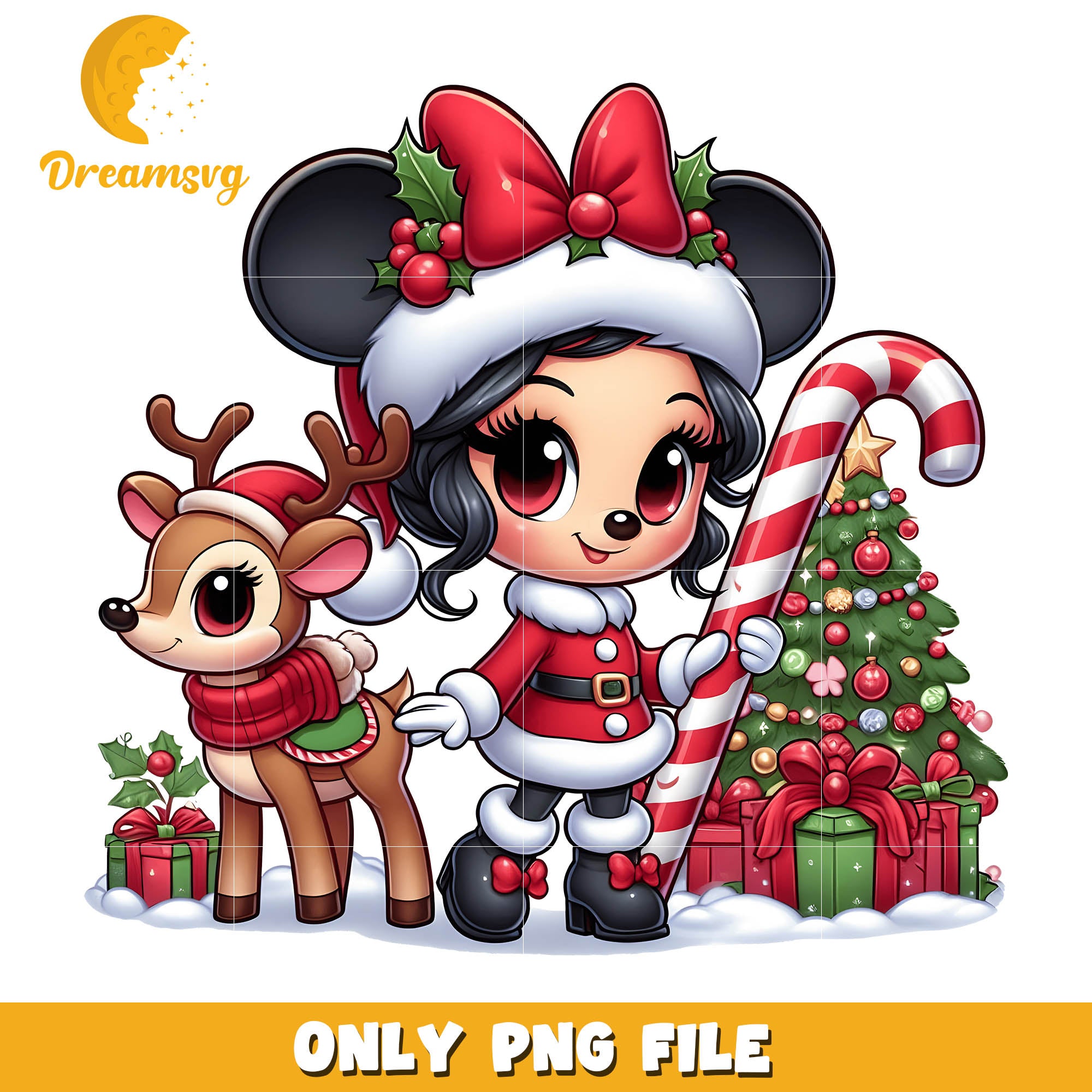 Cartoon minnie mouse hold candy christmas png, christmas tree png
