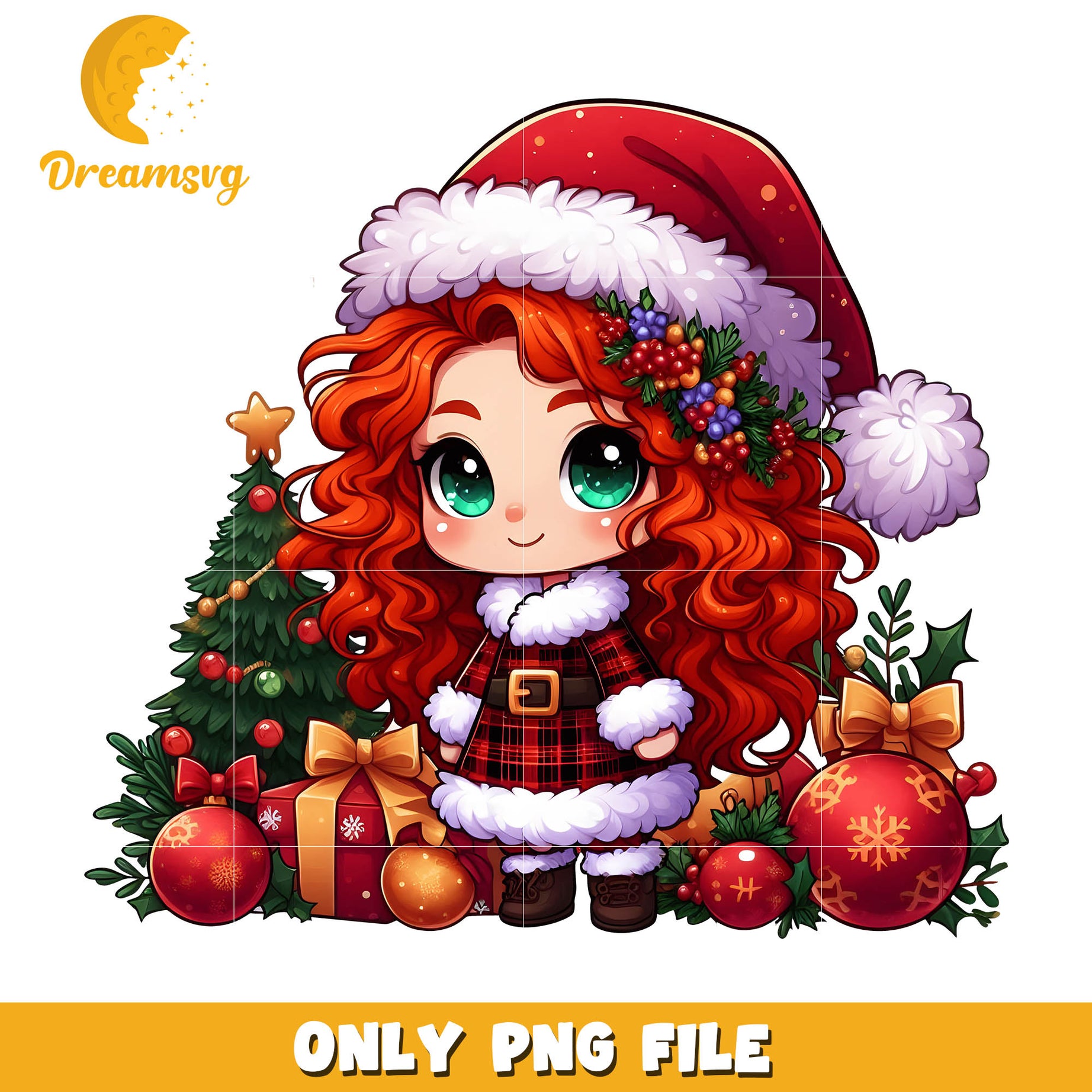 Cartoon girl with christmas santa hat png, christmas balls png