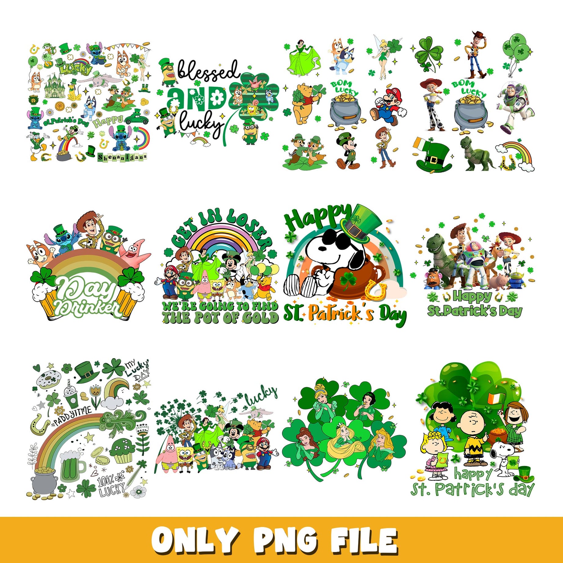 Cartoon characters Lucky St Patrick Day png, disney bundle png, cartoon png  