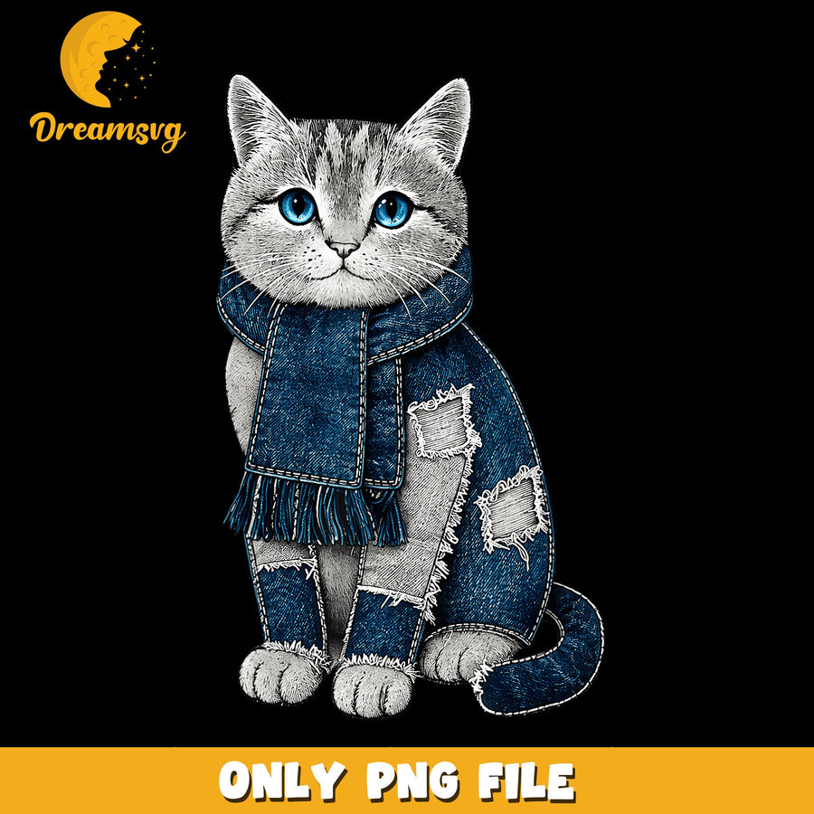 Cat In Denim Jacket Blue Eyes PNG, Cute Kitten Scarf, Cat Lover PNG