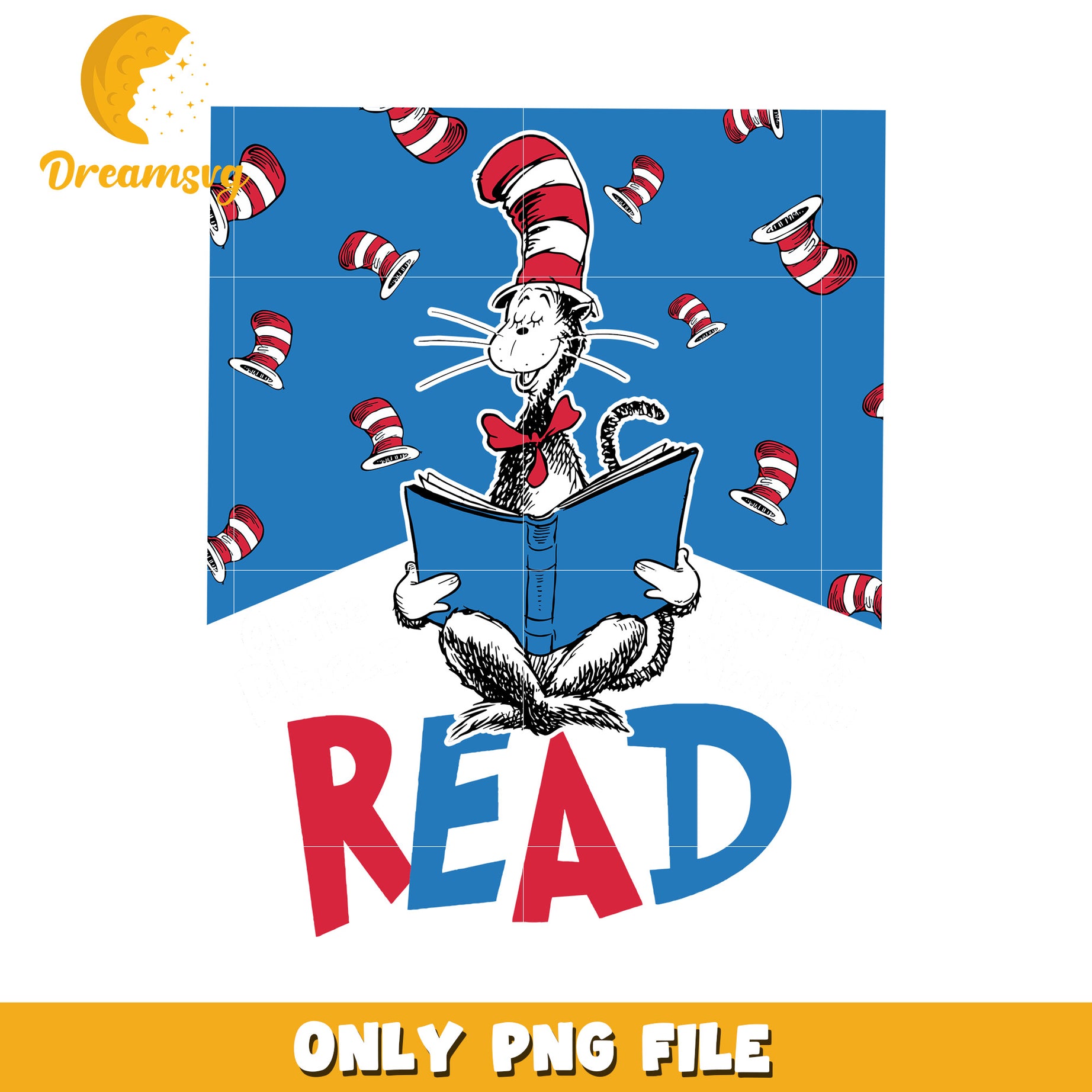 Cat in Hat Reading Book PNG Download for Kids Room Decor