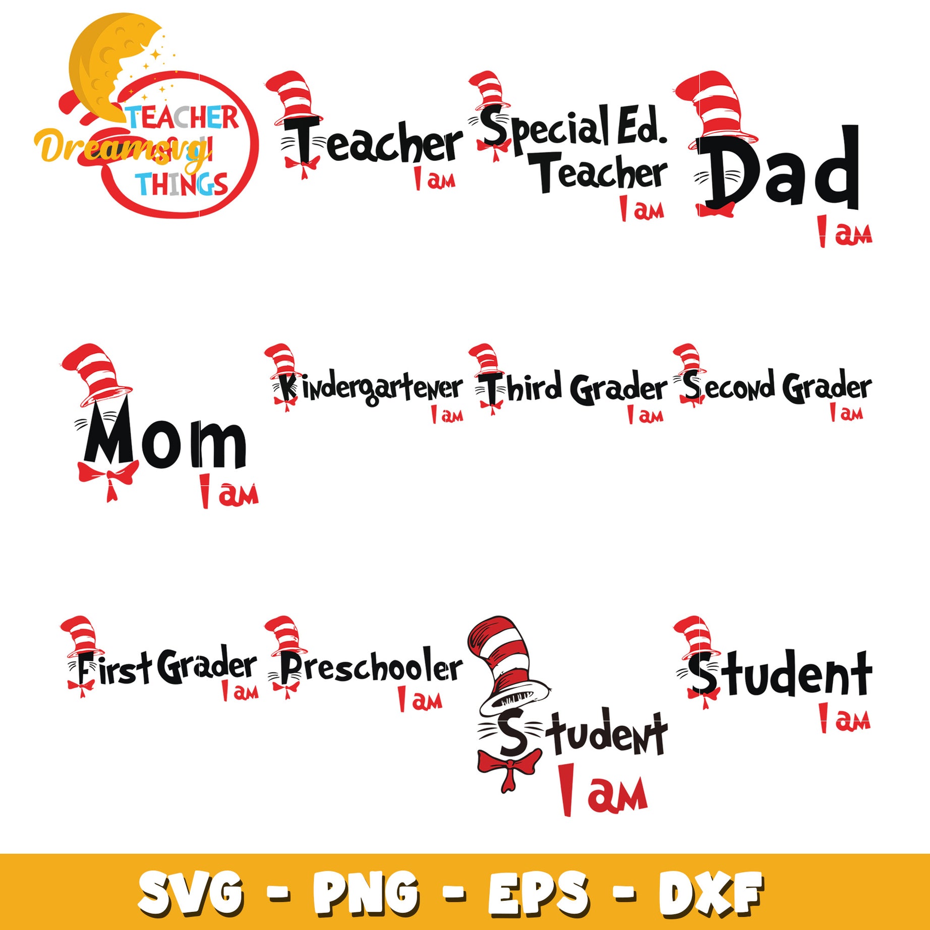 Cat in Hat Teacher SVG Bundle